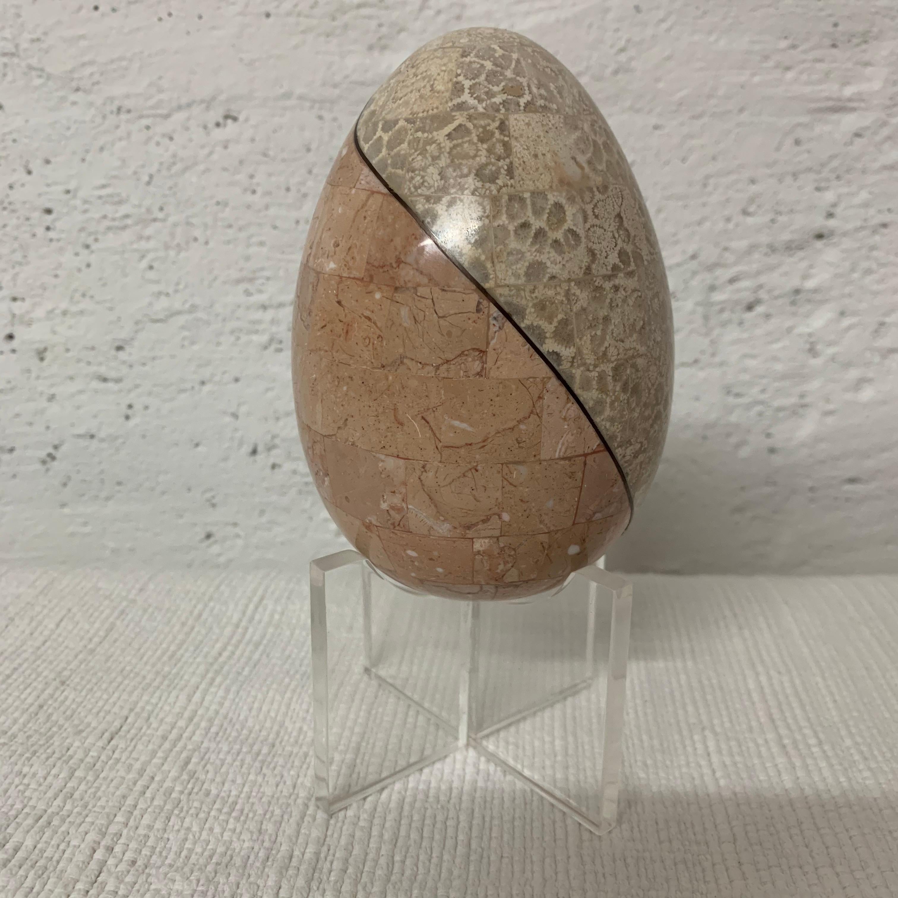 Inlay Maitland Smith Tessellated Marble and Bronze Egg on Lucite Stand