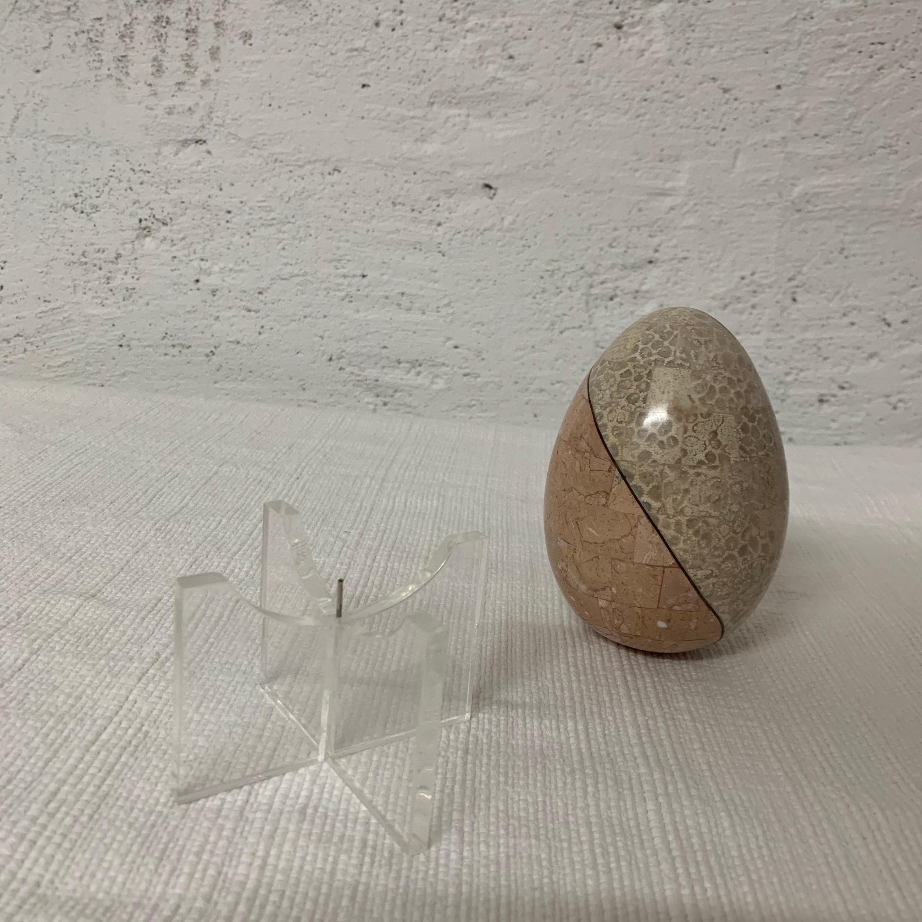 20th Century Maitland Smith Tessellated Marble and Bronze Egg on Lucite Stand
