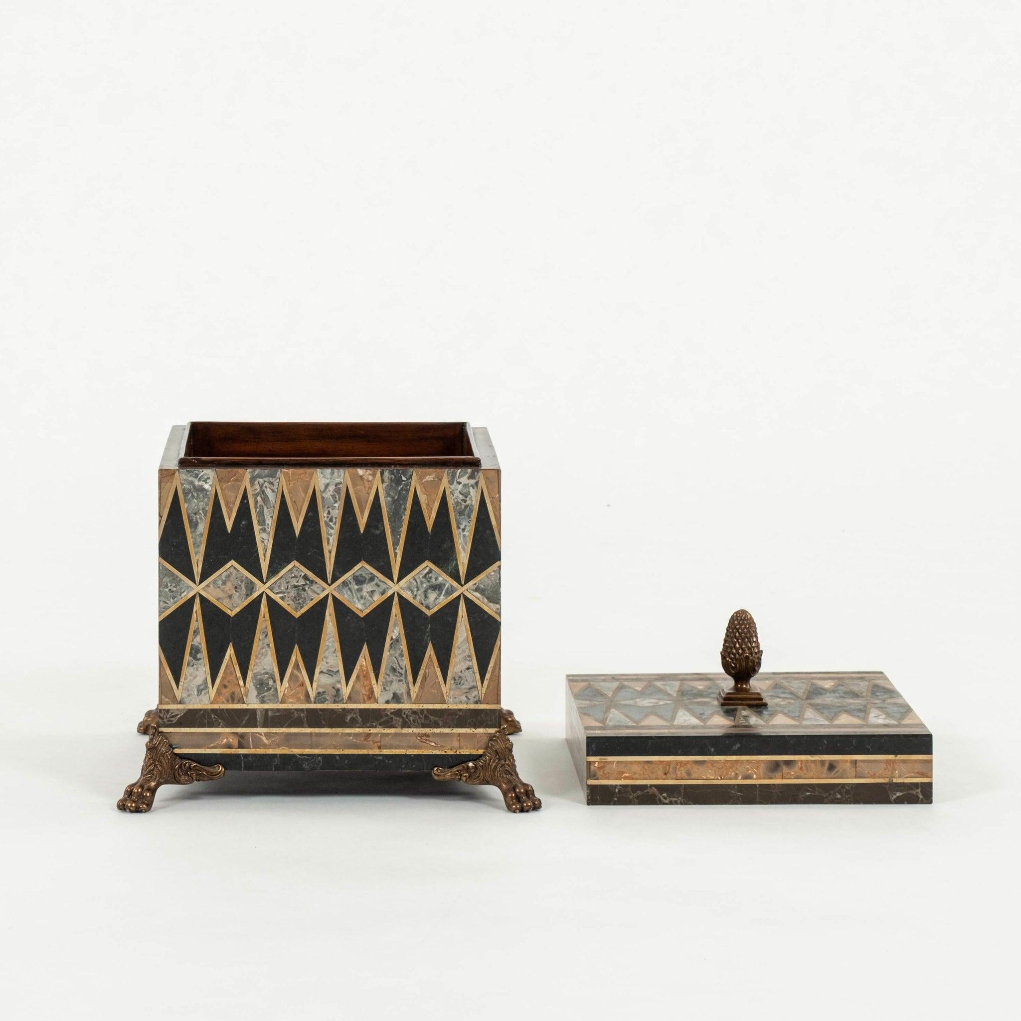 1980s Maitland Smith tessellated marble box with brass acorn knob and claw feet.