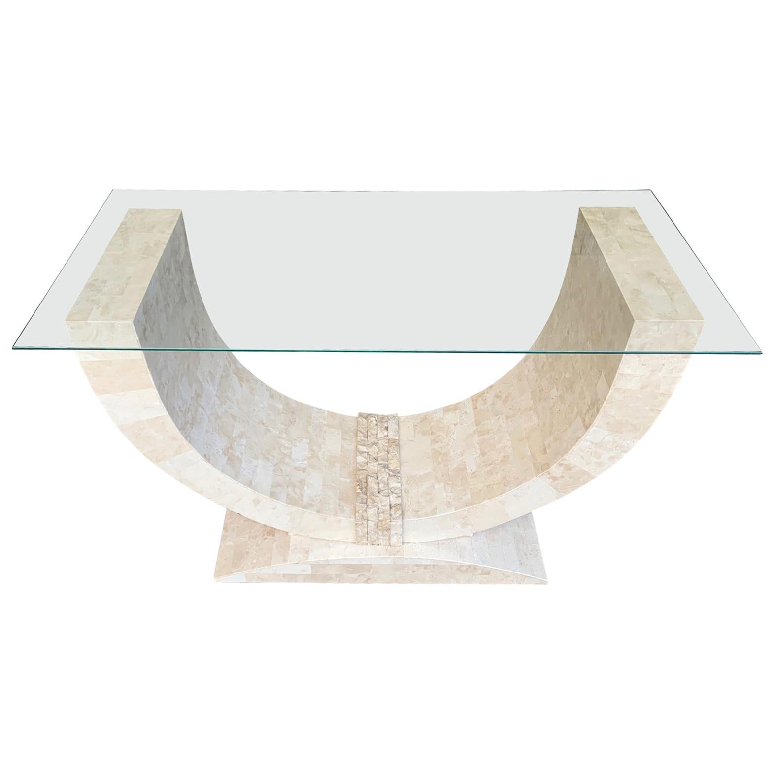 Console Maitland Smith en marbre tessellé avec plateau en verre biseauté