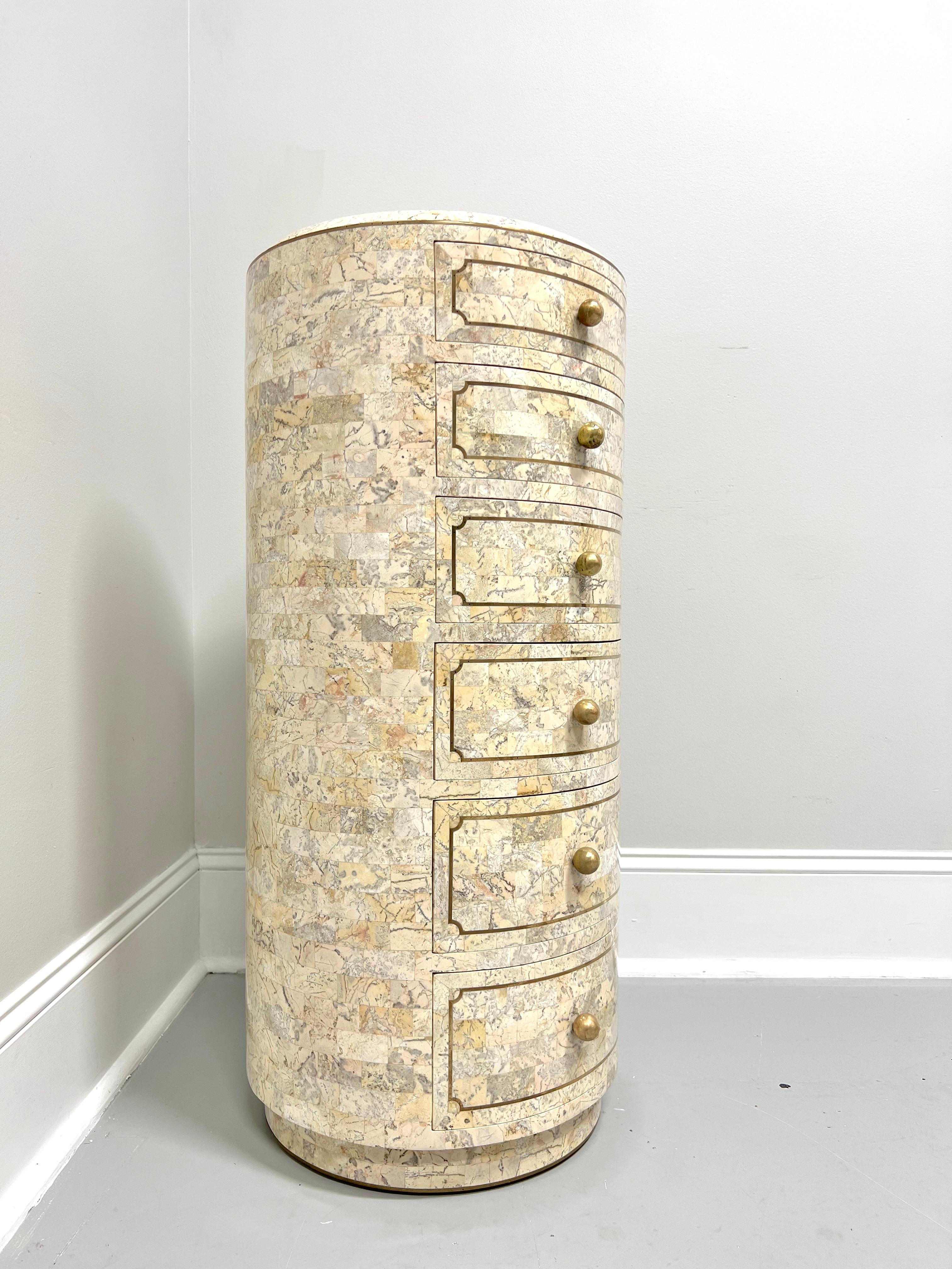 An Art Deco style tessellated marble lingerie chest by Maitland Smith. Solid wood frame with neutral multi-color tessellated marble veneers, brass string inlays to slightly raised top, drawer fronts & base, cylindrical in shape, brass knob pulls,