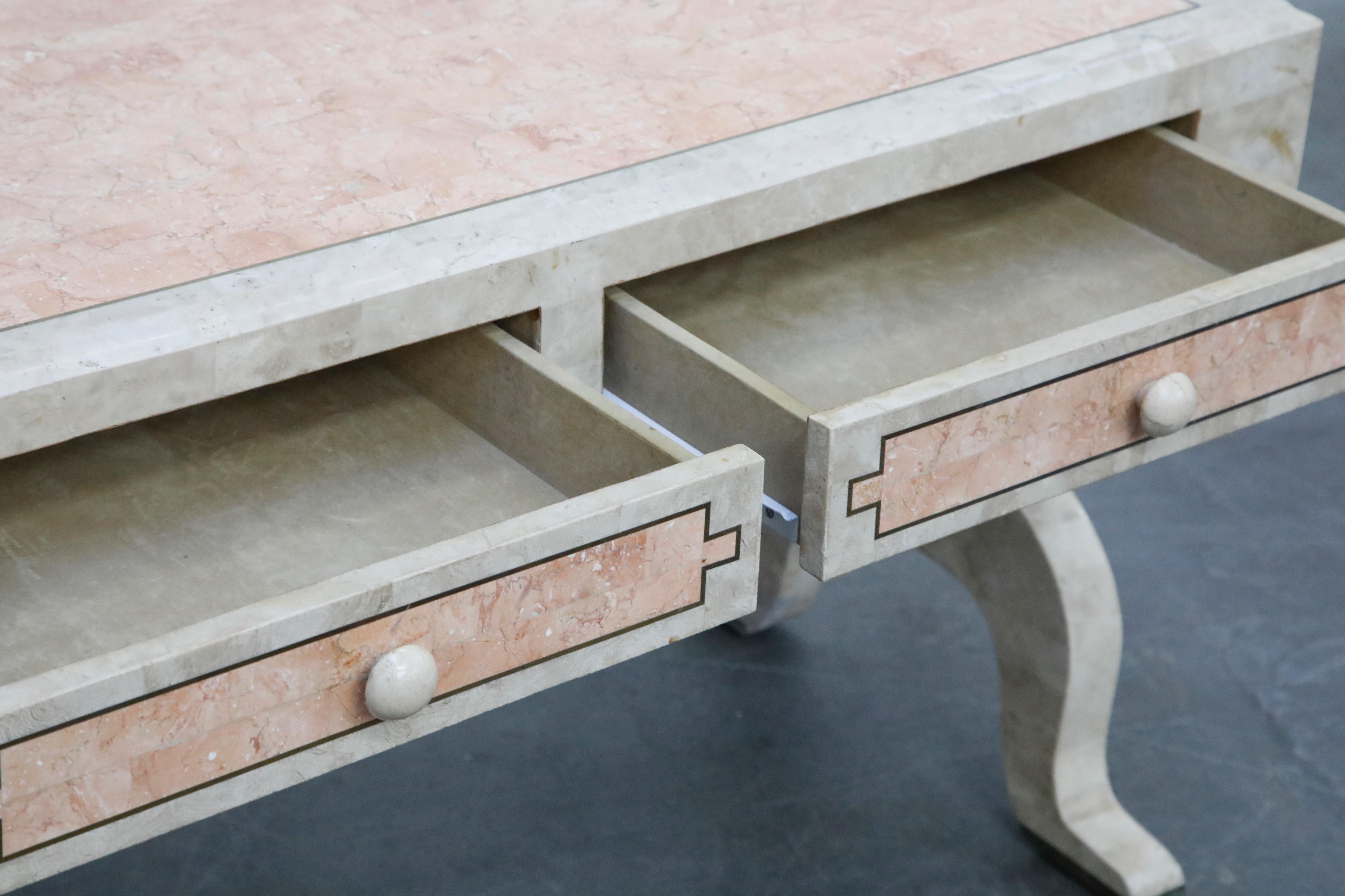 Maitland Smith Tessellated Pink Marble and Brass Inlay Desk, circa 1980 8