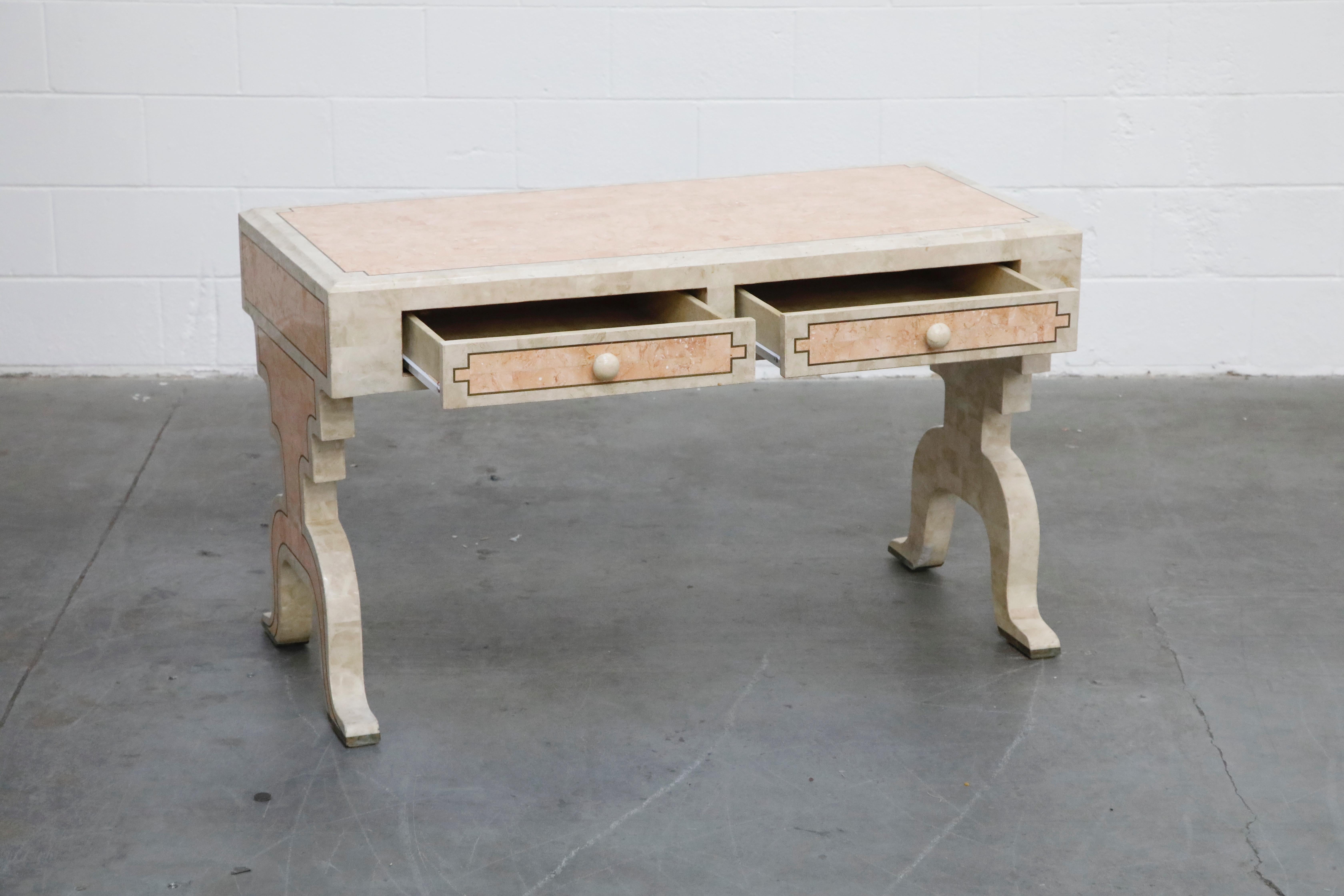 Late 20th Century Maitland Smith Tessellated Pink Marble and Brass Inlay Desk, circa 1980