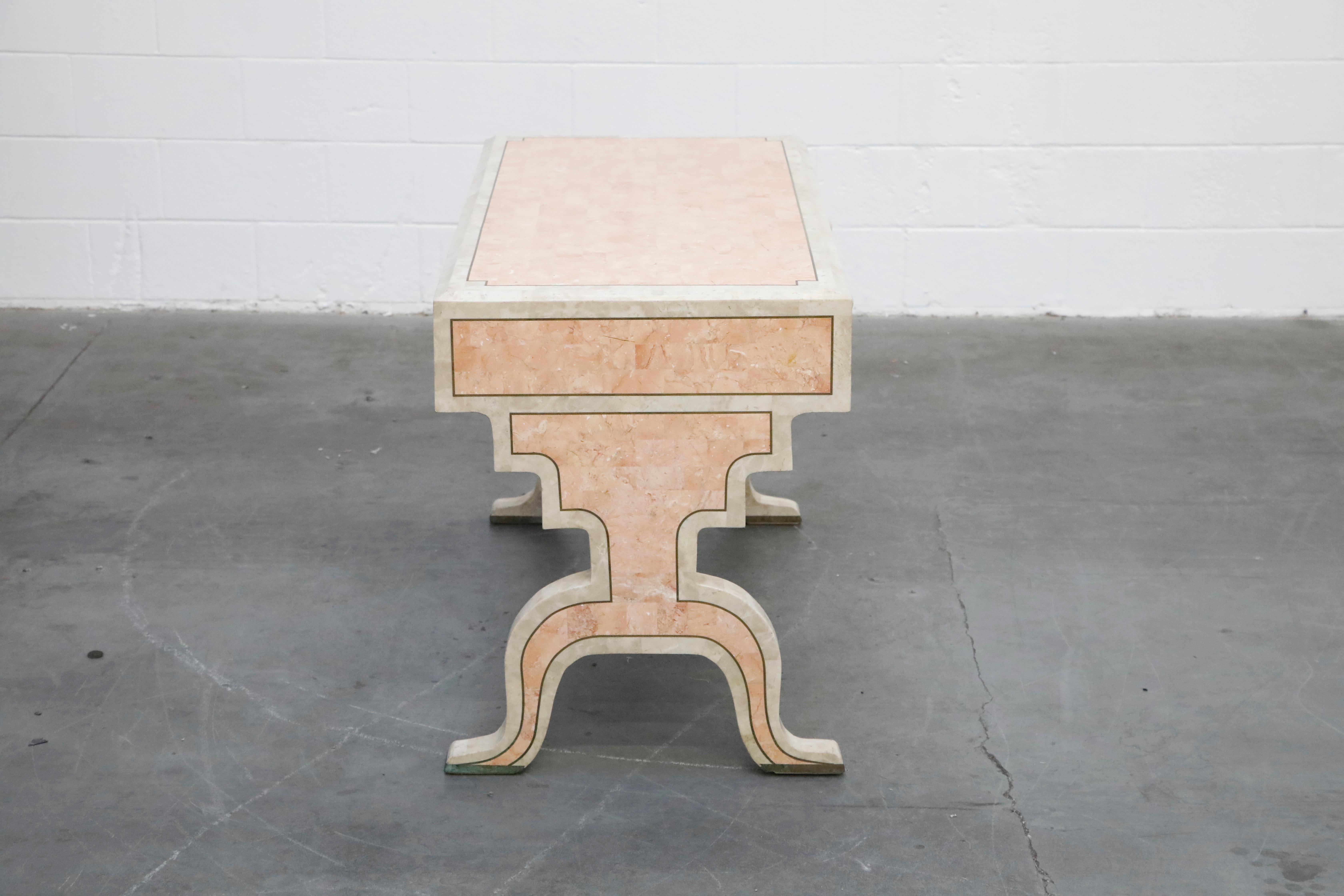 Maitland Smith Tessellated Pink Marble and Brass Inlay Desk, circa 1980 2