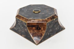 Maitland Smith Caja octogonal con bisagras de cuerno, abulón y madera Vintage Raro