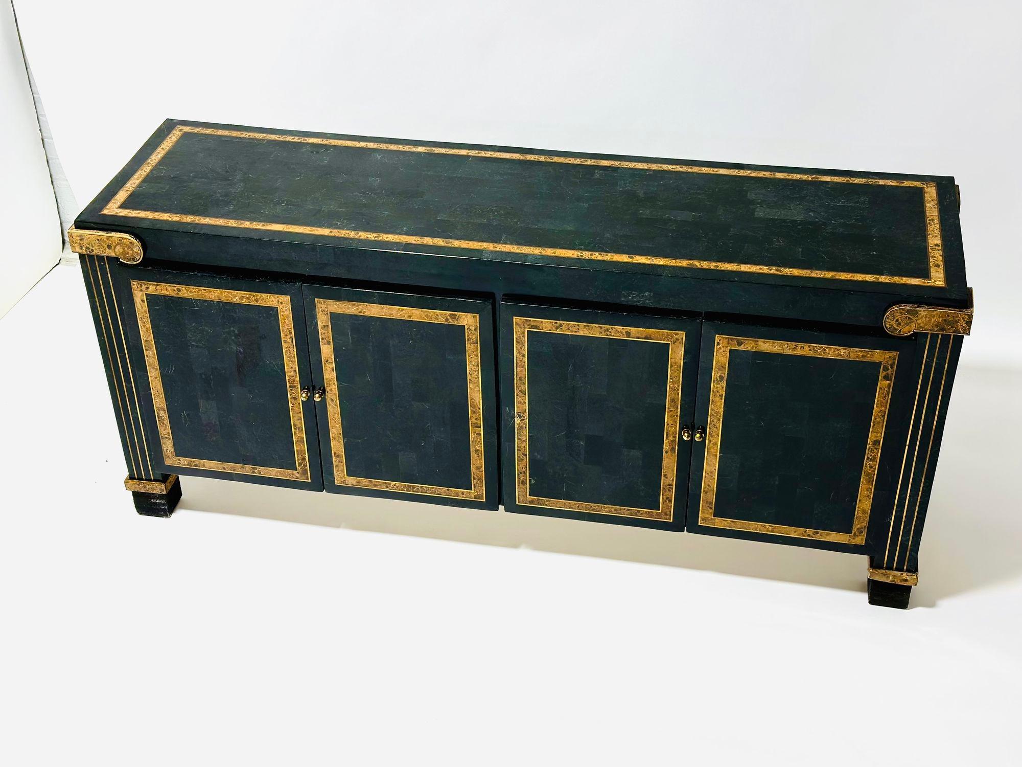 Maitland Smith tessellates stone and brass sideboard/credenza, 1970. Original with brass inlay and accents.