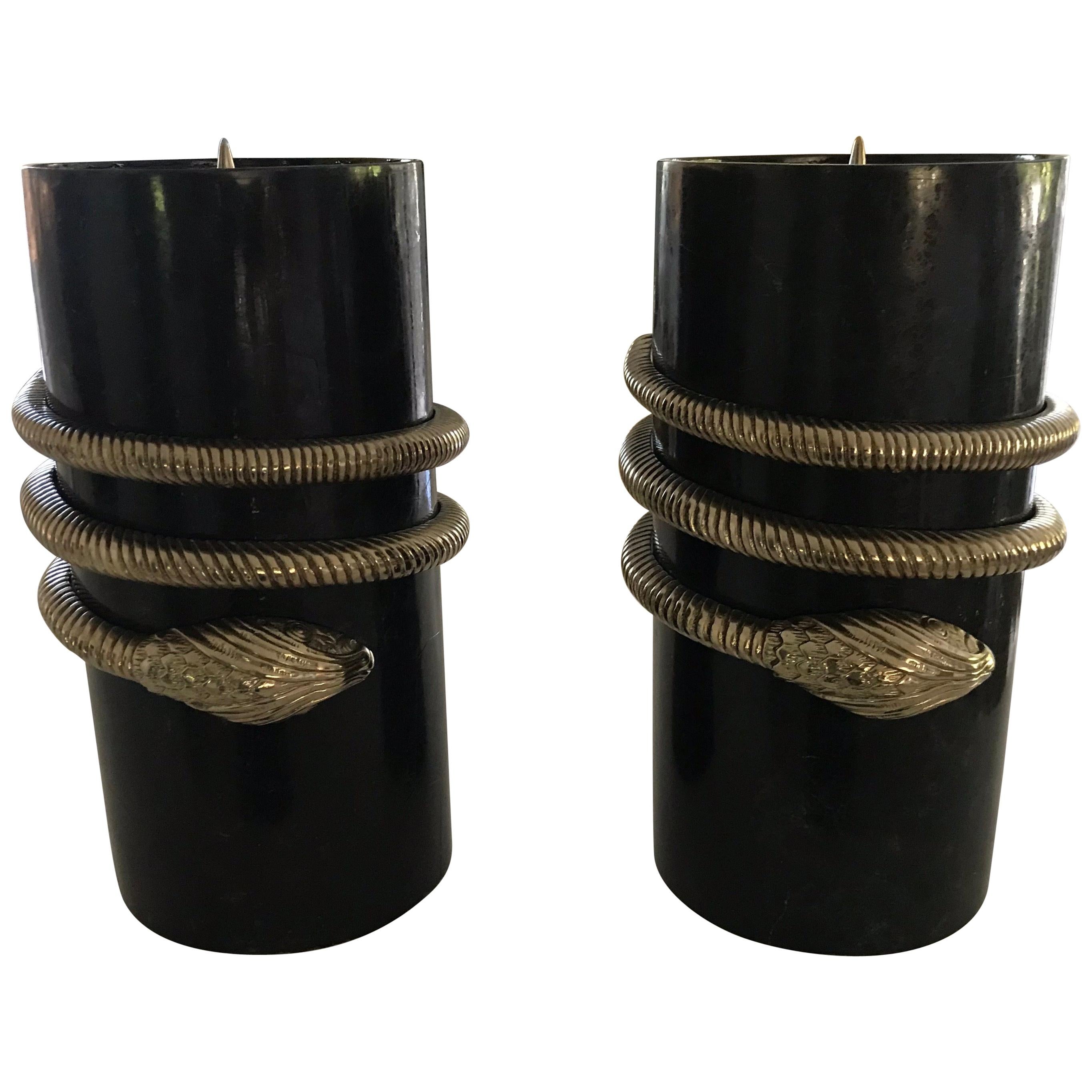 Maitland Smith Tessellated Stone and Metal Snake Motif Candlesticks