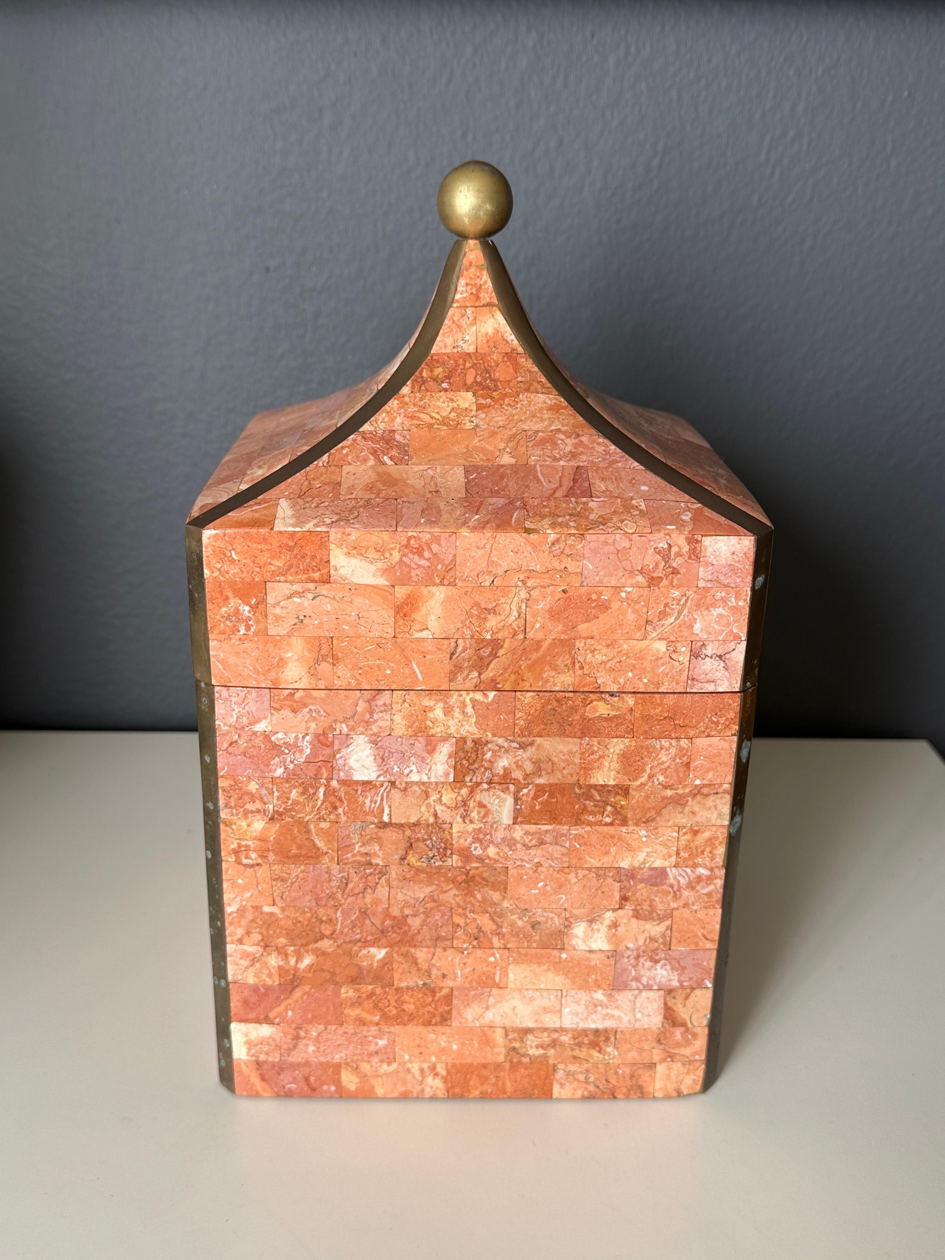Maitland Smith tessellated stone jewelry box in pink salmon color.