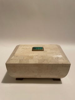 Maitland Smith tessellated stone box with green malachite stone on top