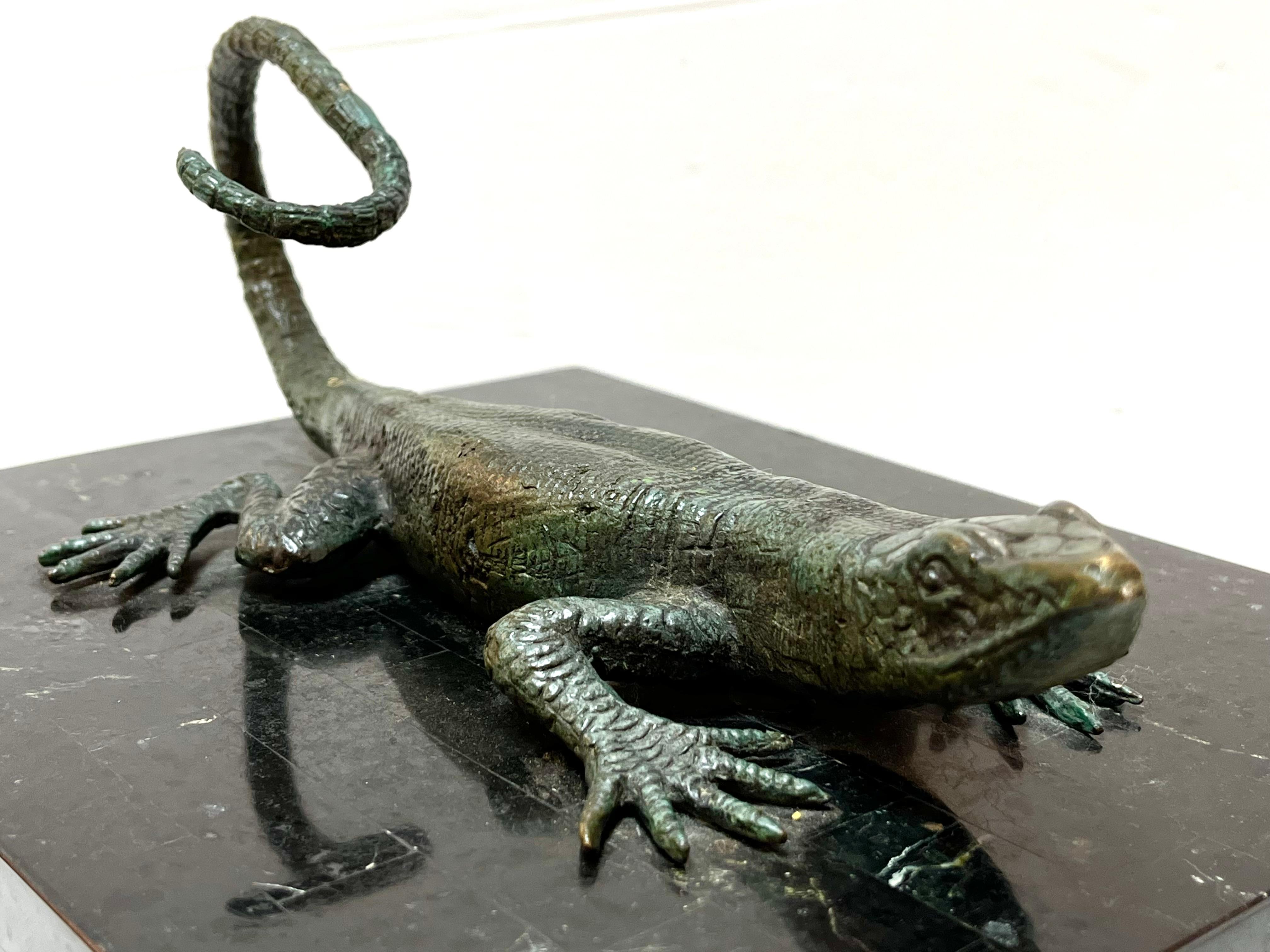 Maitland Smith Tessellated Stone Box with Verdigris Bronze Figural Salamander 4
