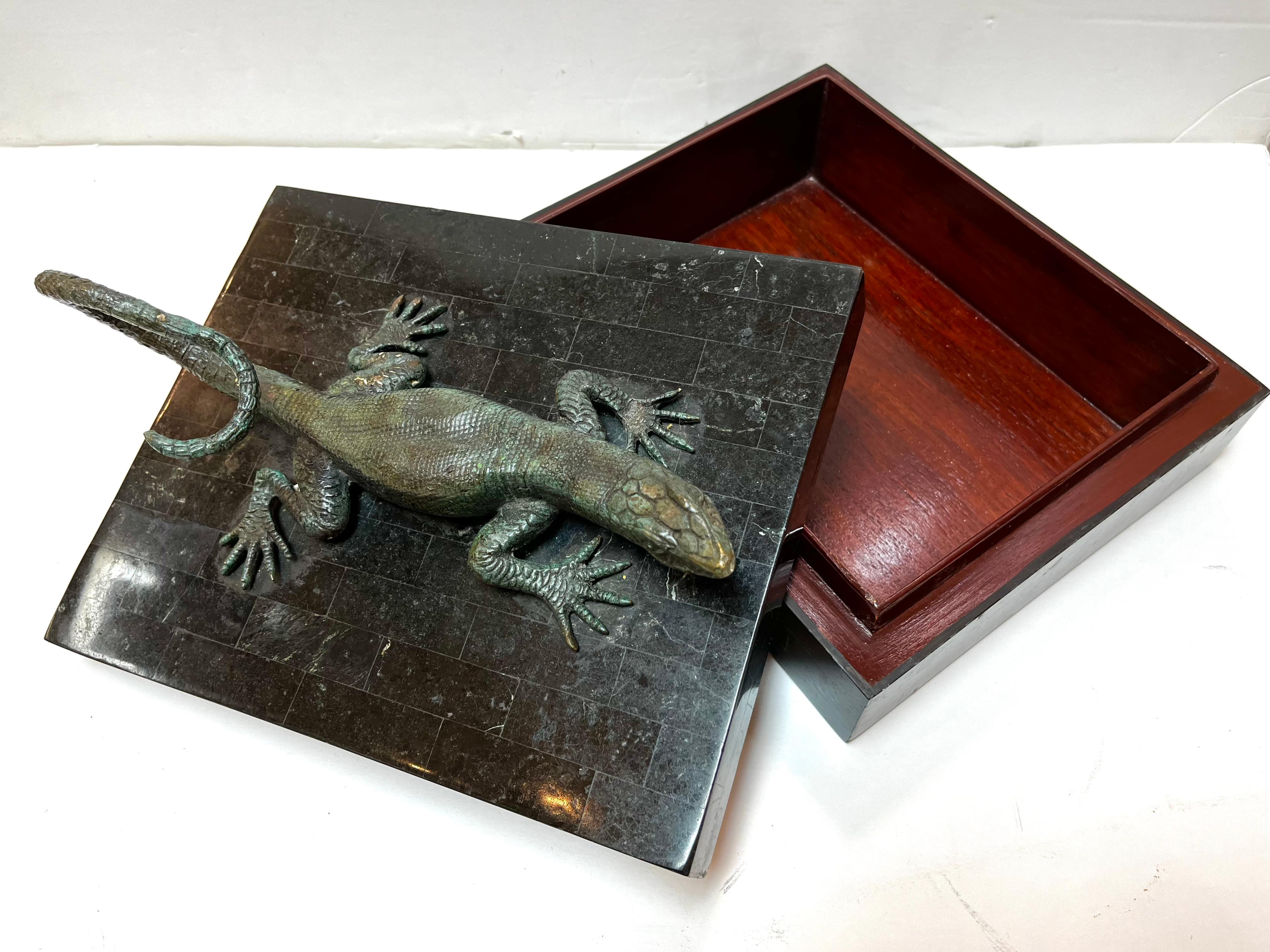 Maitland Smith Tessellated Stone Box with Verdigris Bronze Figural Salamander 5