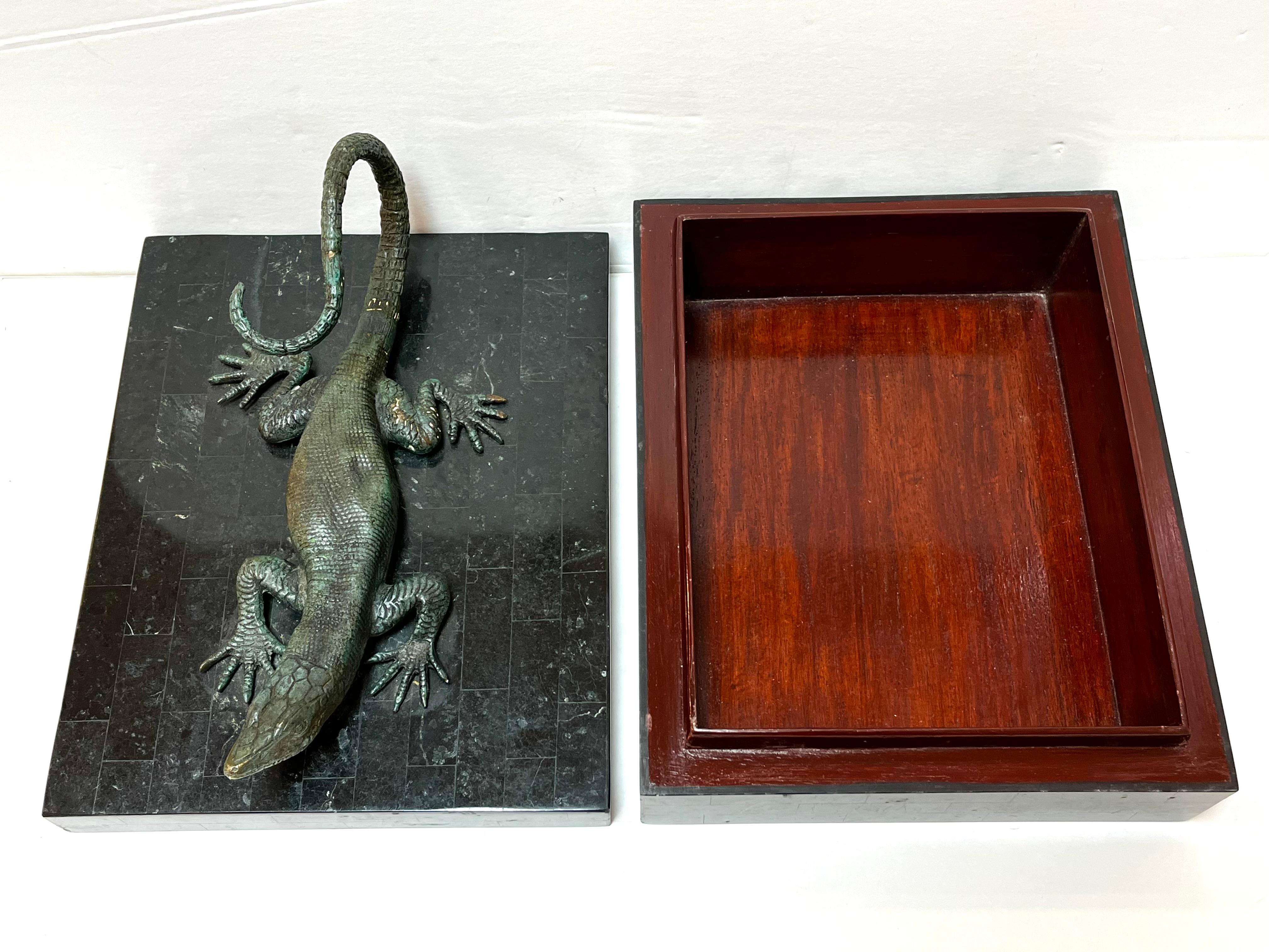 Maitland Smith Tessellated Stone Box with Verdigris Bronze Figural Salamander 6