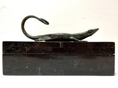 Maitland Smith Tessellated Stone Box with Verdigris Bronze Figural Salamander