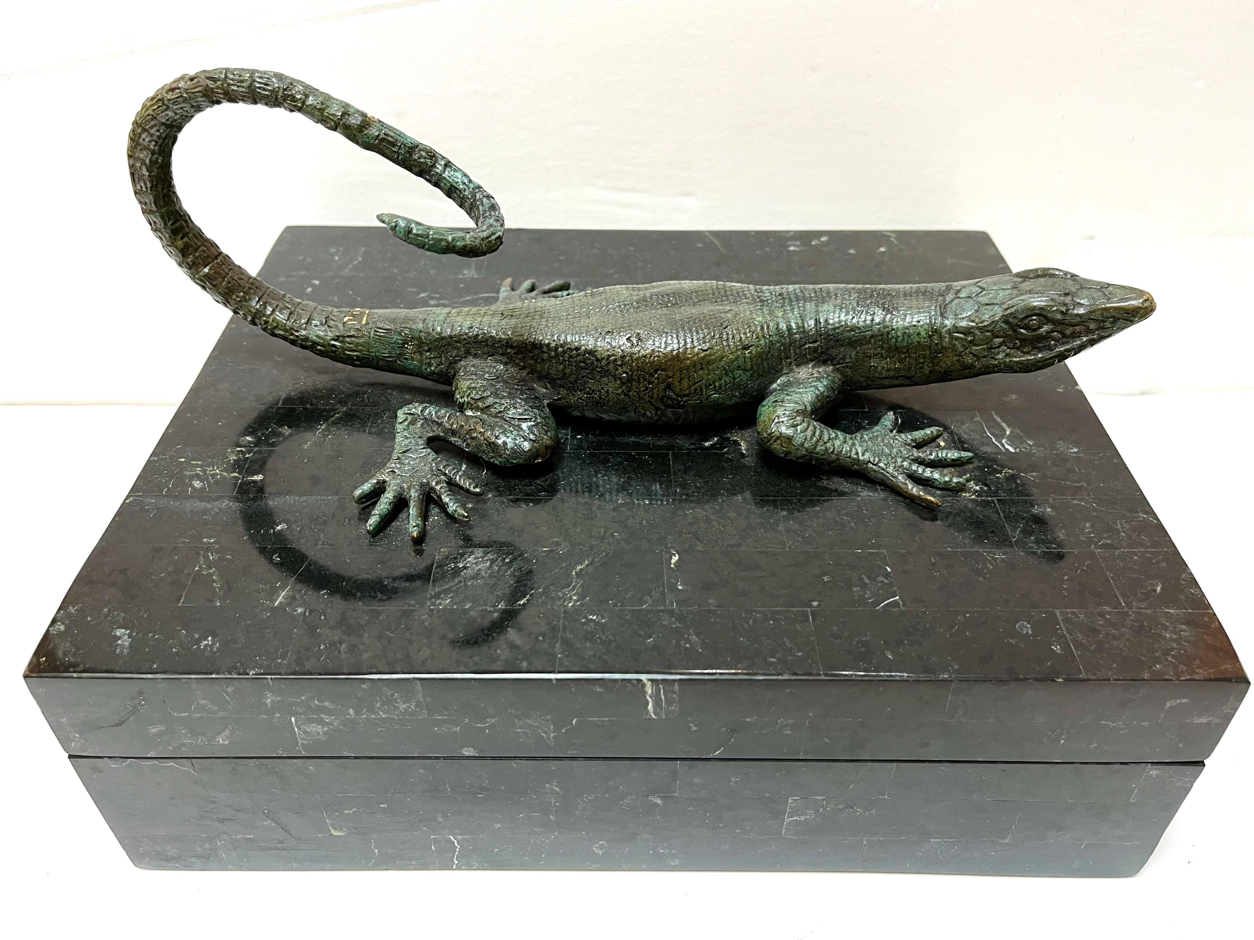 Thai Maitland Smith Tessellated Stone Box with Verdigris Bronze Figural Salamander