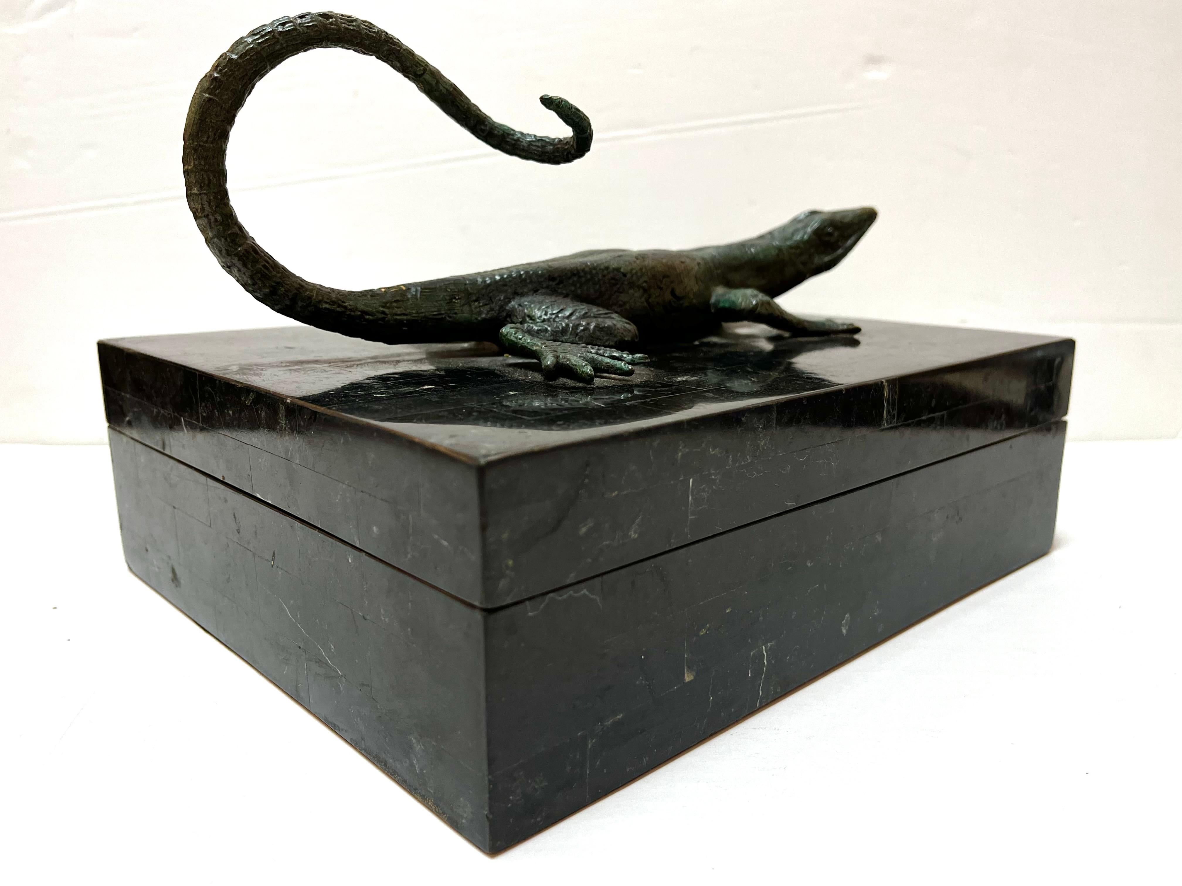 Hand-Crafted Maitland Smith Tessellated Stone Box with Verdigris Bronze Figural Salamander