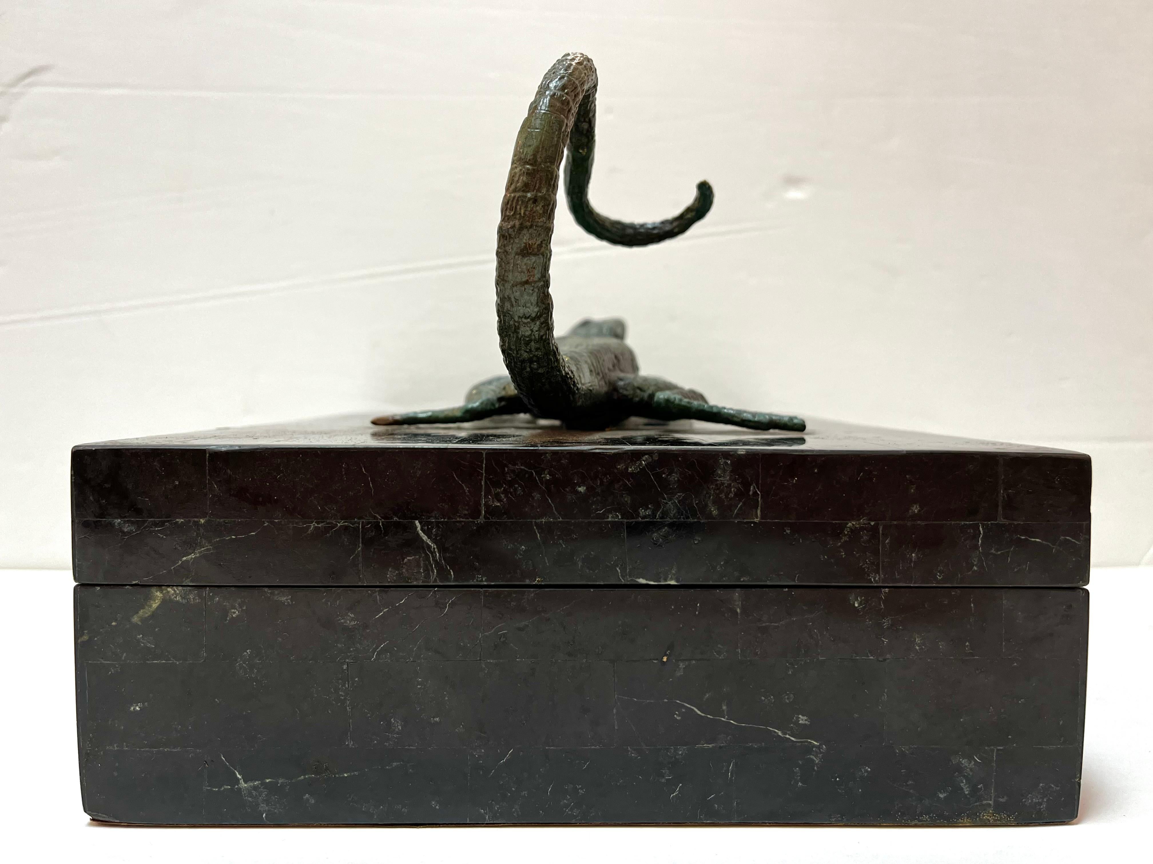 Maitland Smith Tessellated Stone Box with Verdigris Bronze Figural Salamander In Good Condition In Atlanta, GA