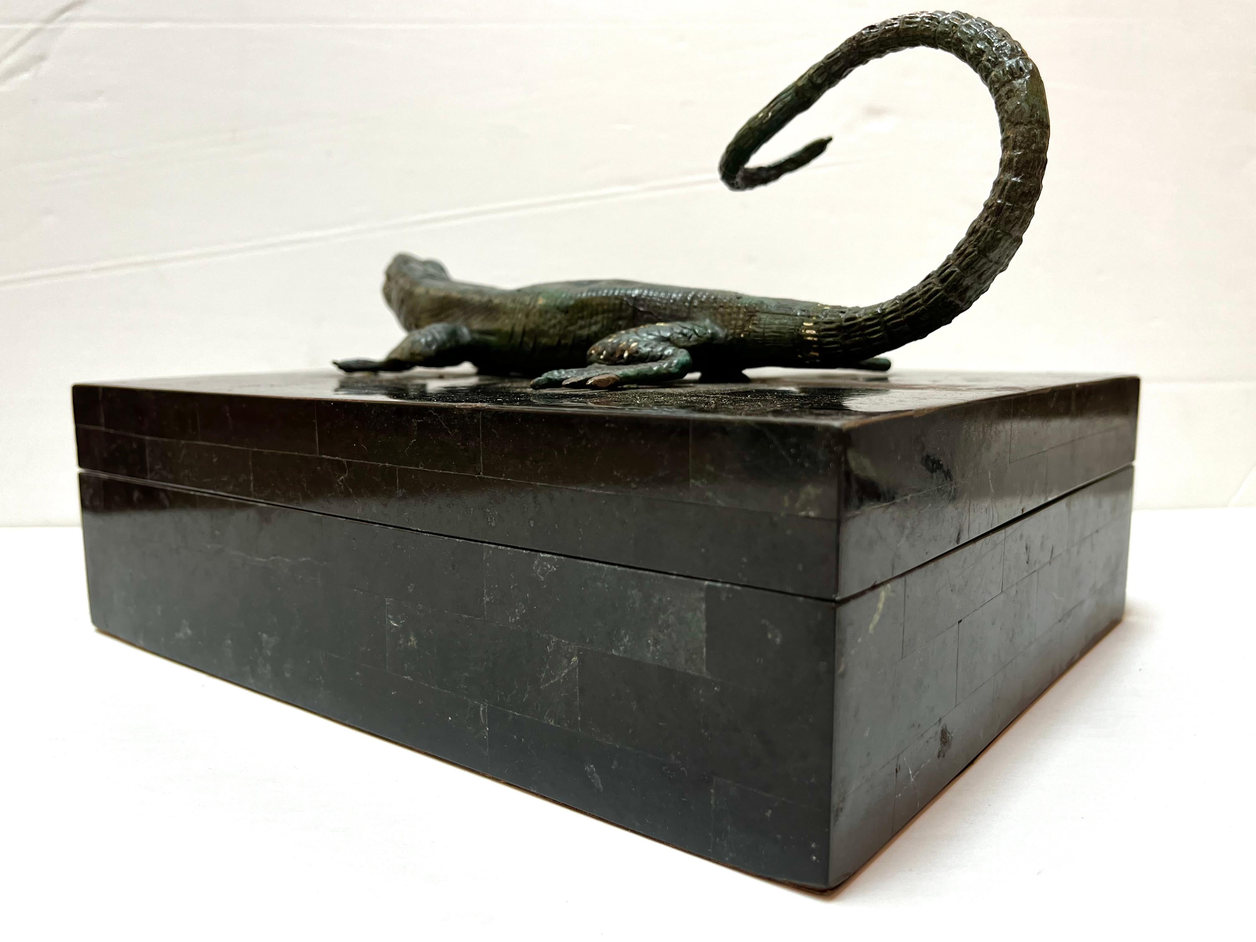 20th Century Maitland Smith Tessellated Stone Box with Verdigris Bronze Figural Salamander