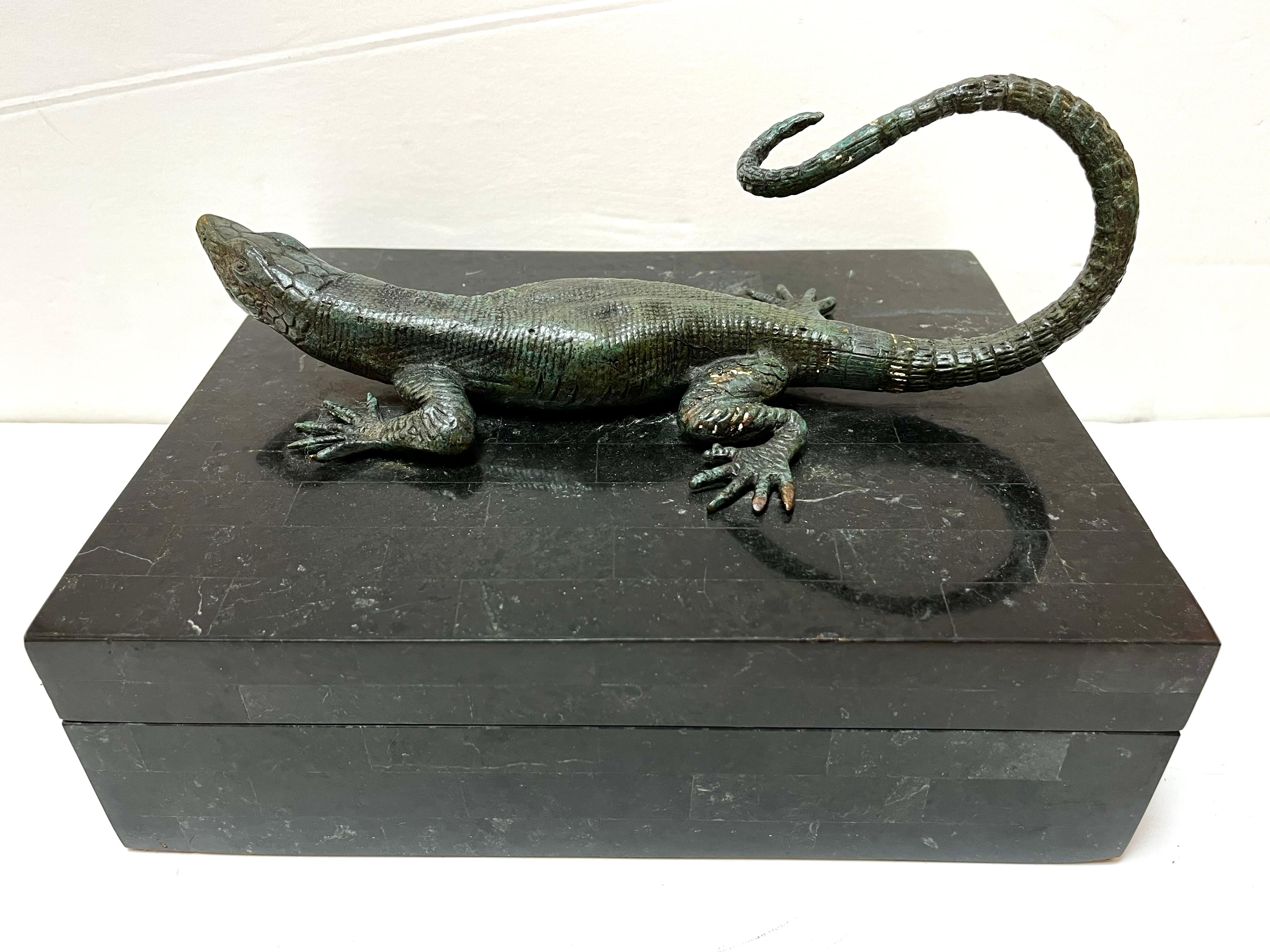 Maitland Smith Tessellated Stone Box with Verdigris Bronze Figural Salamander 1