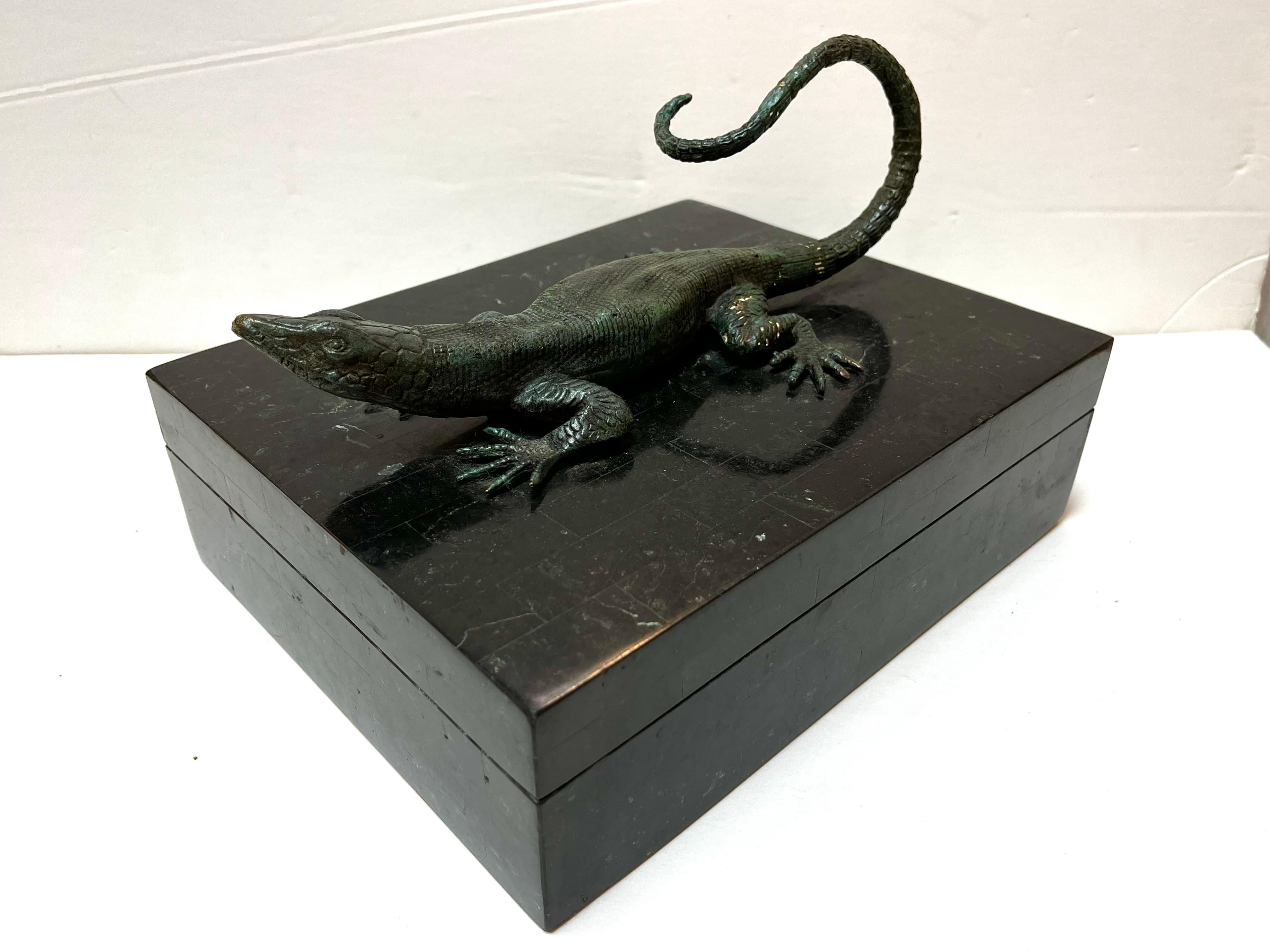 Maitland Smith Tessellated Stone Box with Verdigris Bronze Figural Salamander 2