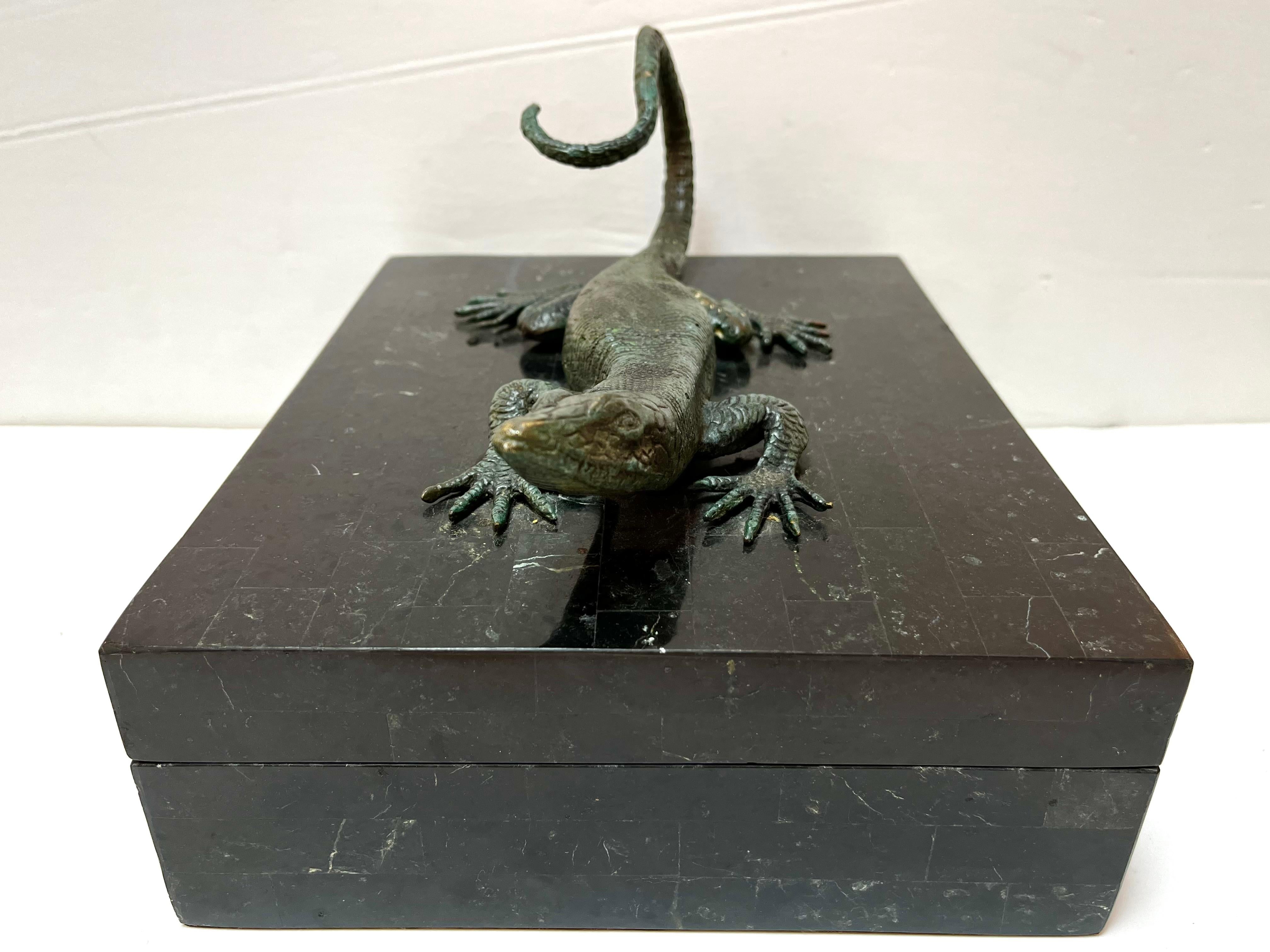 Maitland Smith Tessellated Stone Box with Verdigris Bronze Figural Salamander 3