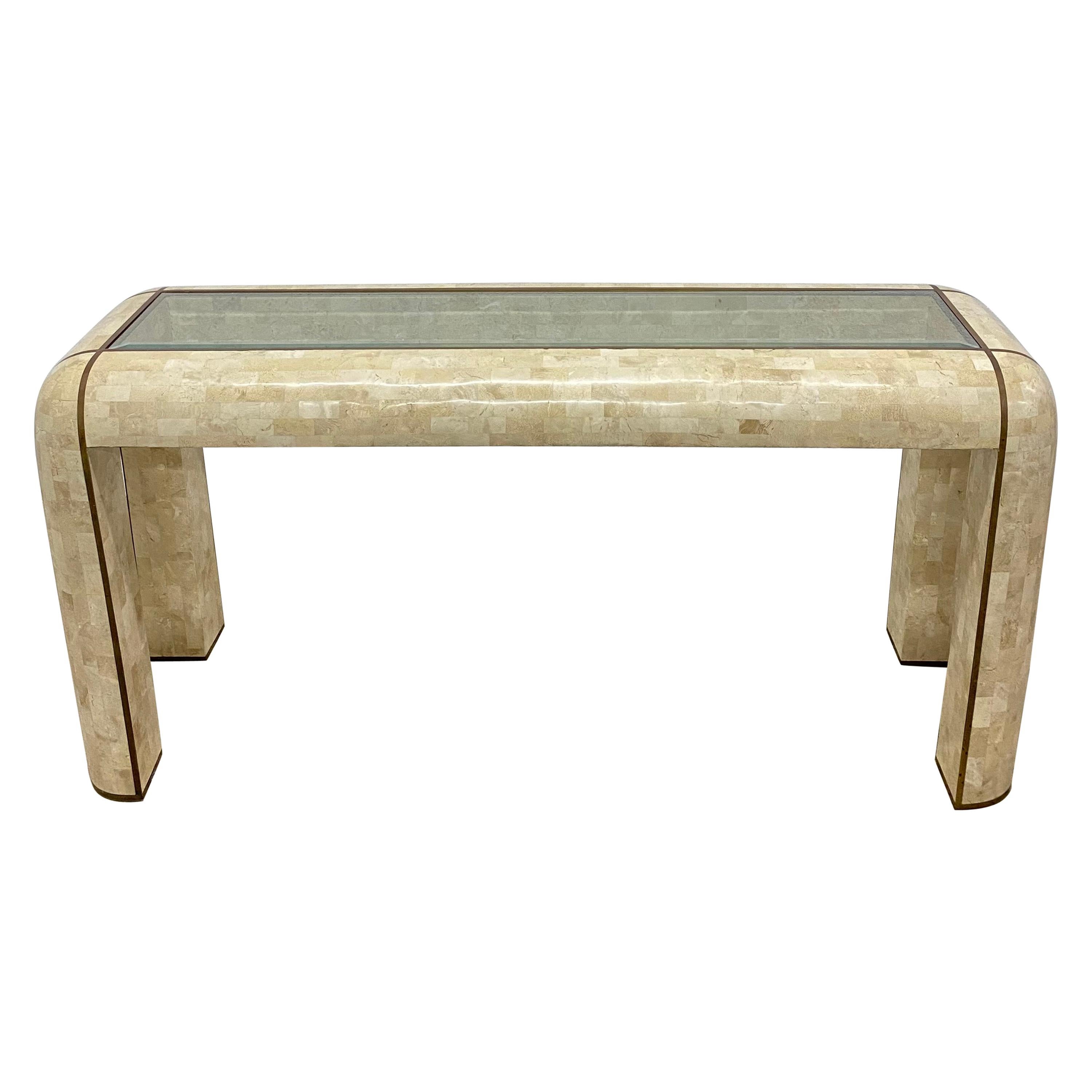 Maitland Smith Tessellated Stone & Brass Inlay Console Table with Glass Insert