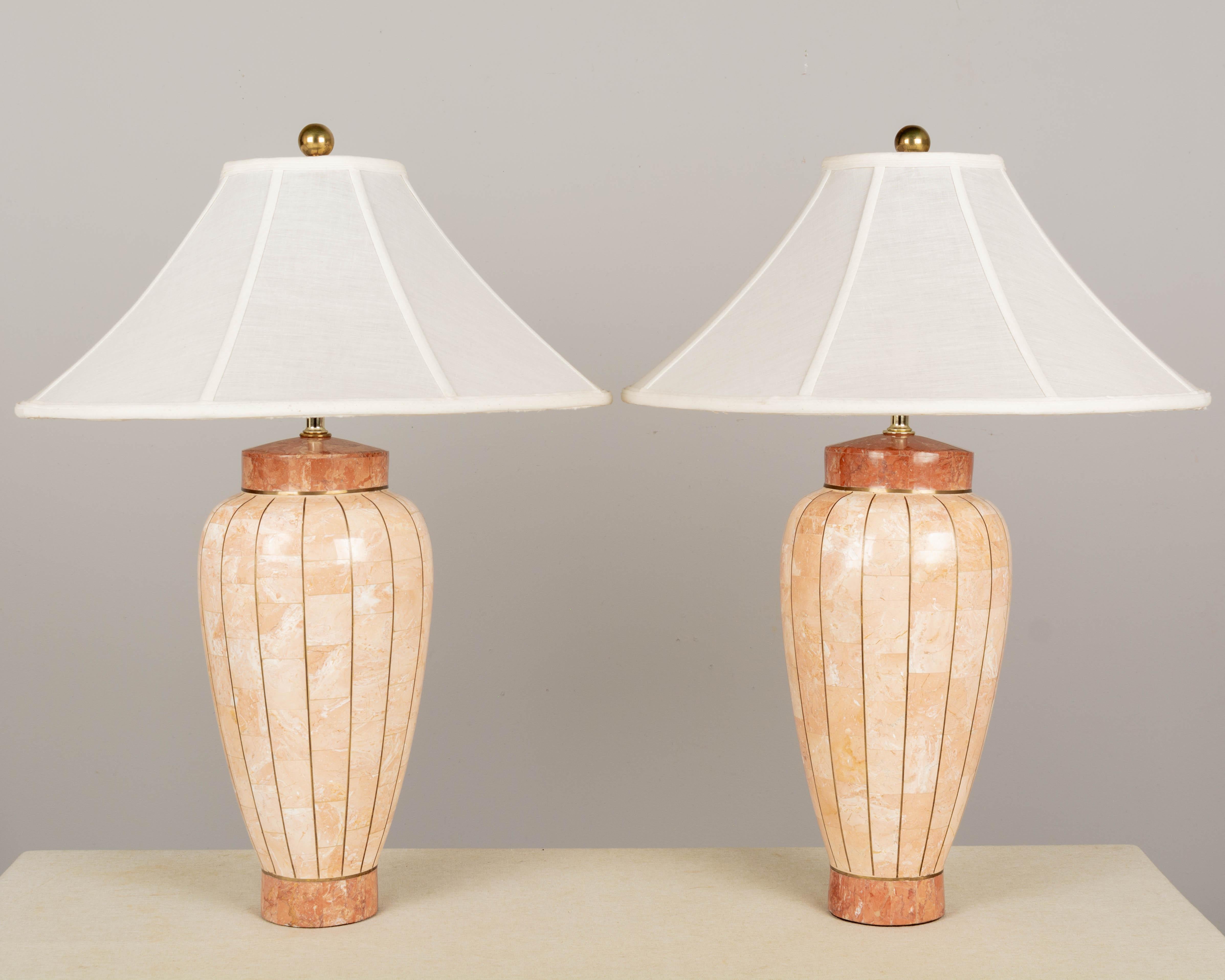 Post-Modern Maitland Smith Tessellated Stone Brass Inlay Table Lamps Pair For Sale