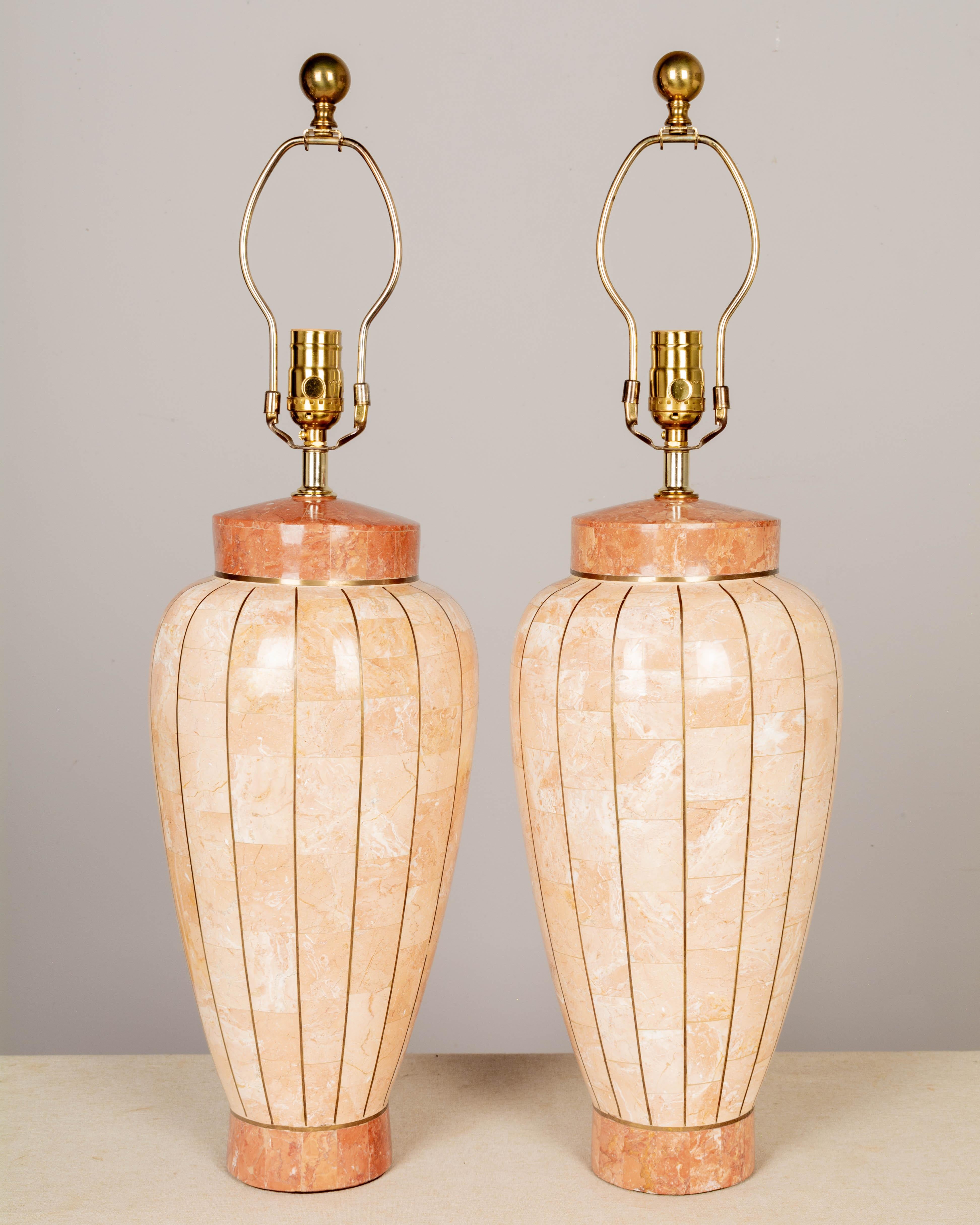 Philippine Maitland Smith Tessellated Stone Brass Inlay Table Lamps Pair For Sale