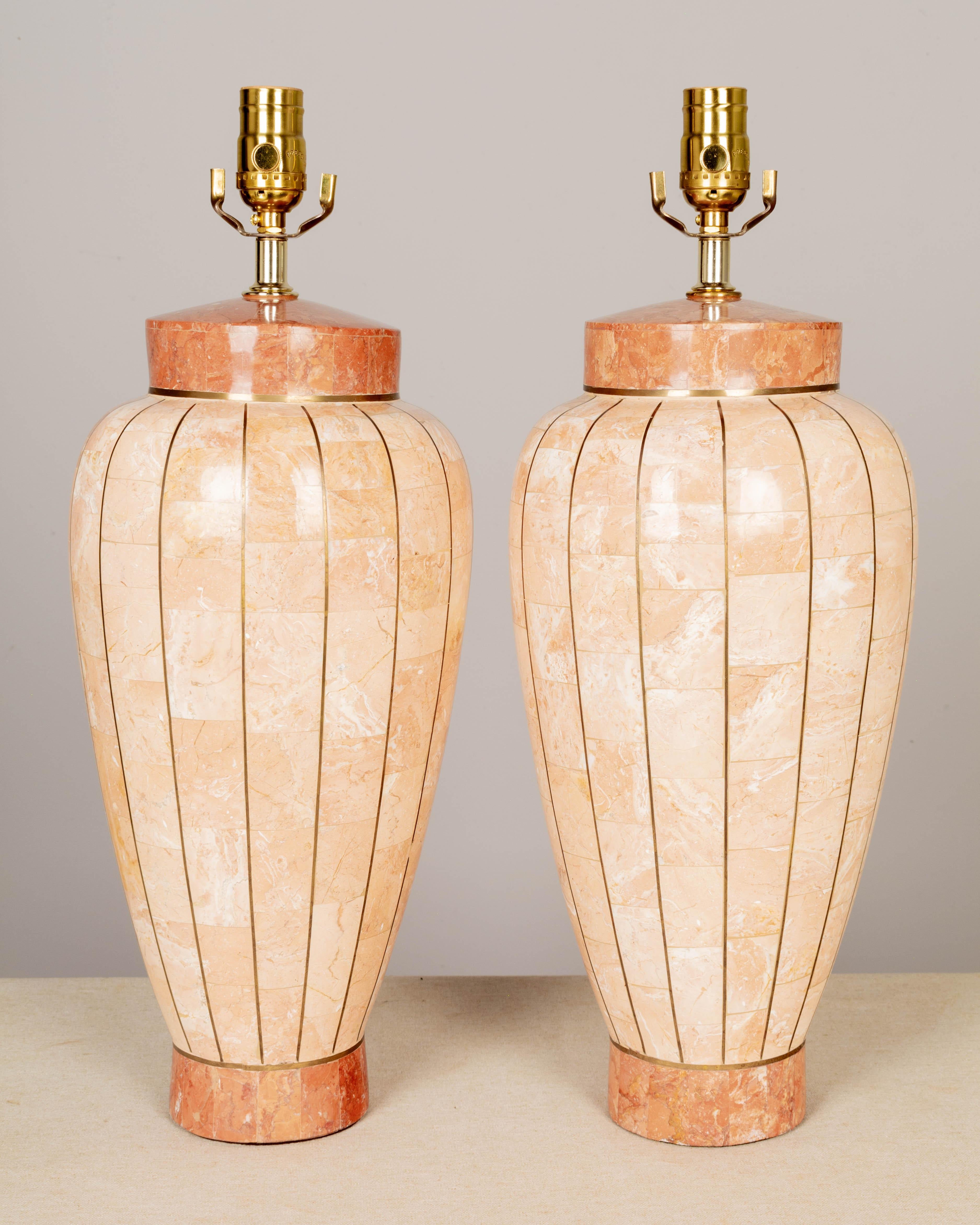 Maitland Smith Tessellated Stone Brass Inlay Table Lamps Pair In Good Condition For Sale In Winter Park, FL