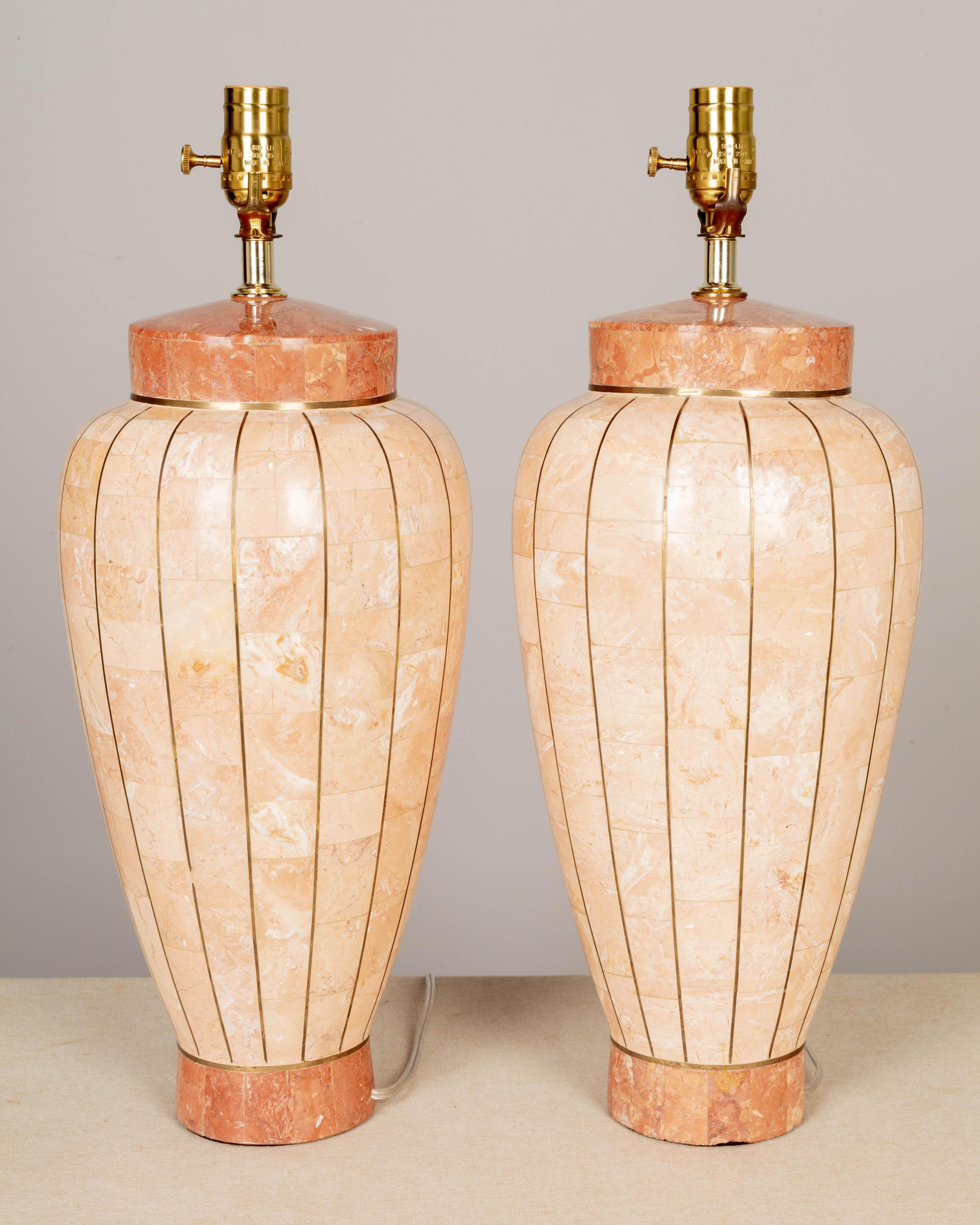 20th Century Maitland Smith Tessellated Stone Brass Inlay Table Lamps Pair For Sale