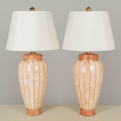 Maitland Smith Tessellated Stone Brass Inlay Table Lamps Pair
