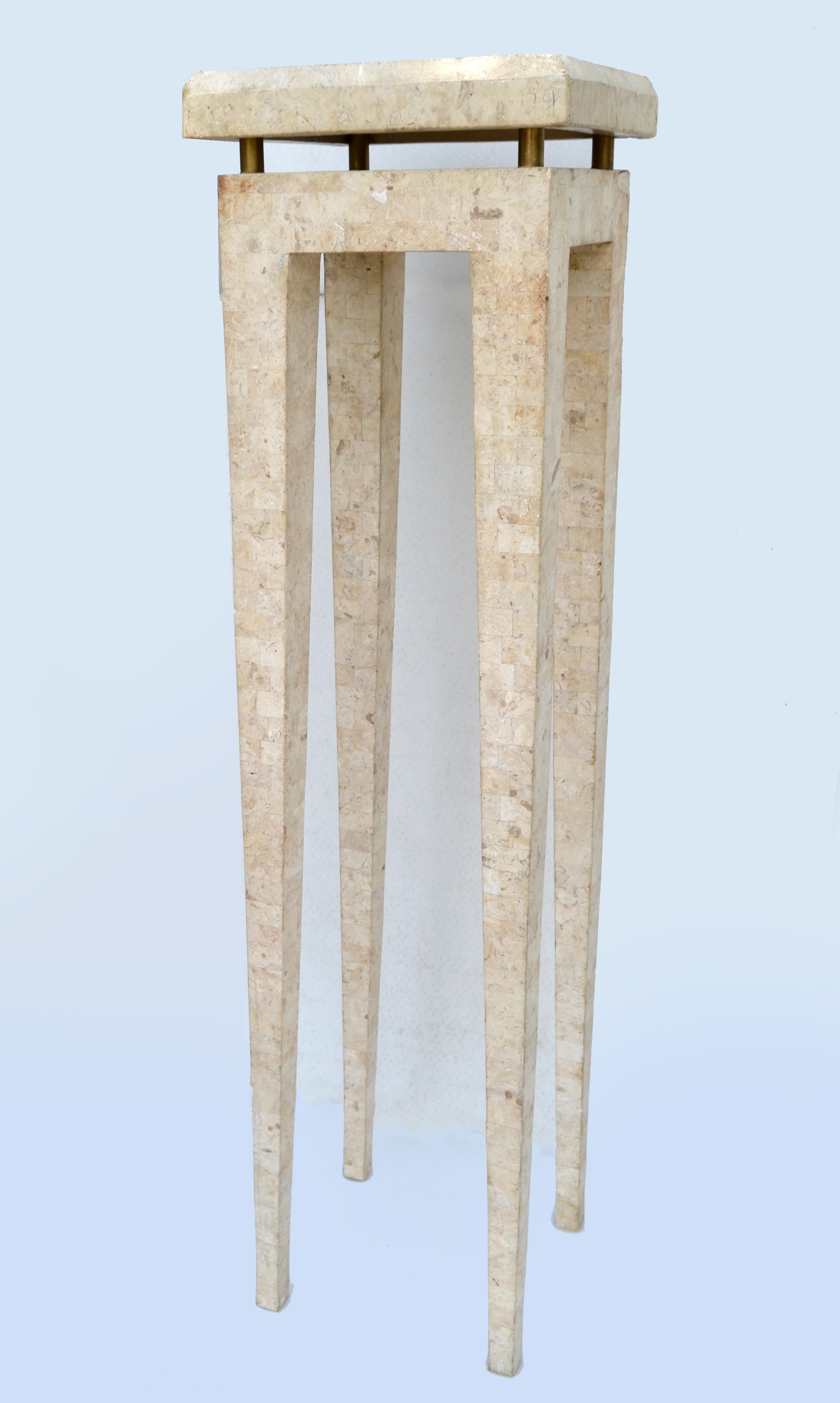 Hand-Crafted Maitland Smith Tessellated Stone Brass Wood & Marble Stand Pedestal Tapered Legs