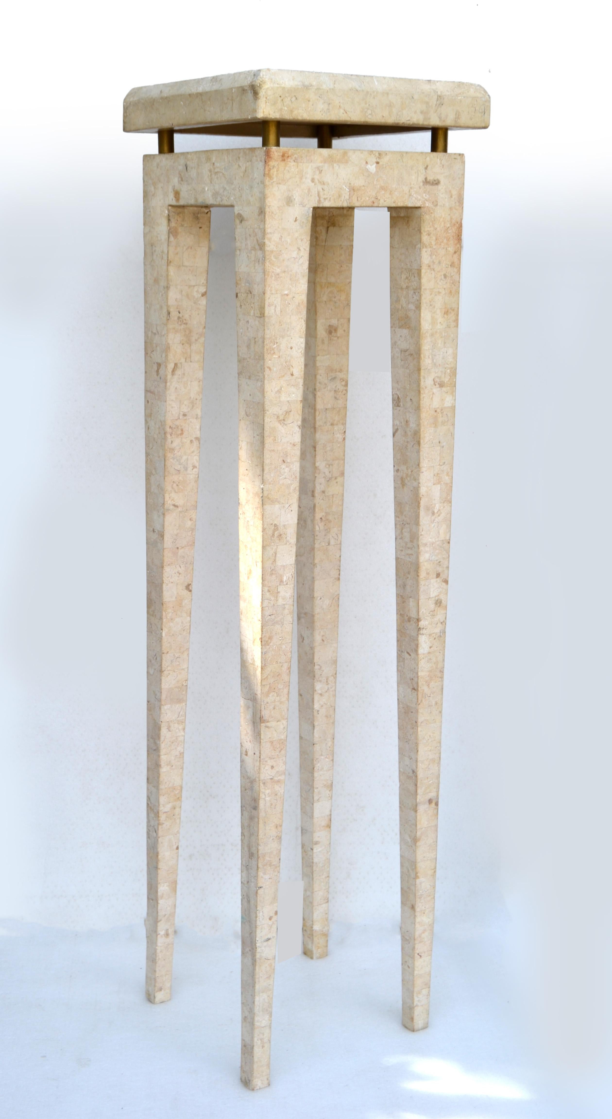 Maitland Smith Tessellated Stone Brass Wood & Marble Stand Pedestal Tapered Legs In Good Condition In Miami, FL