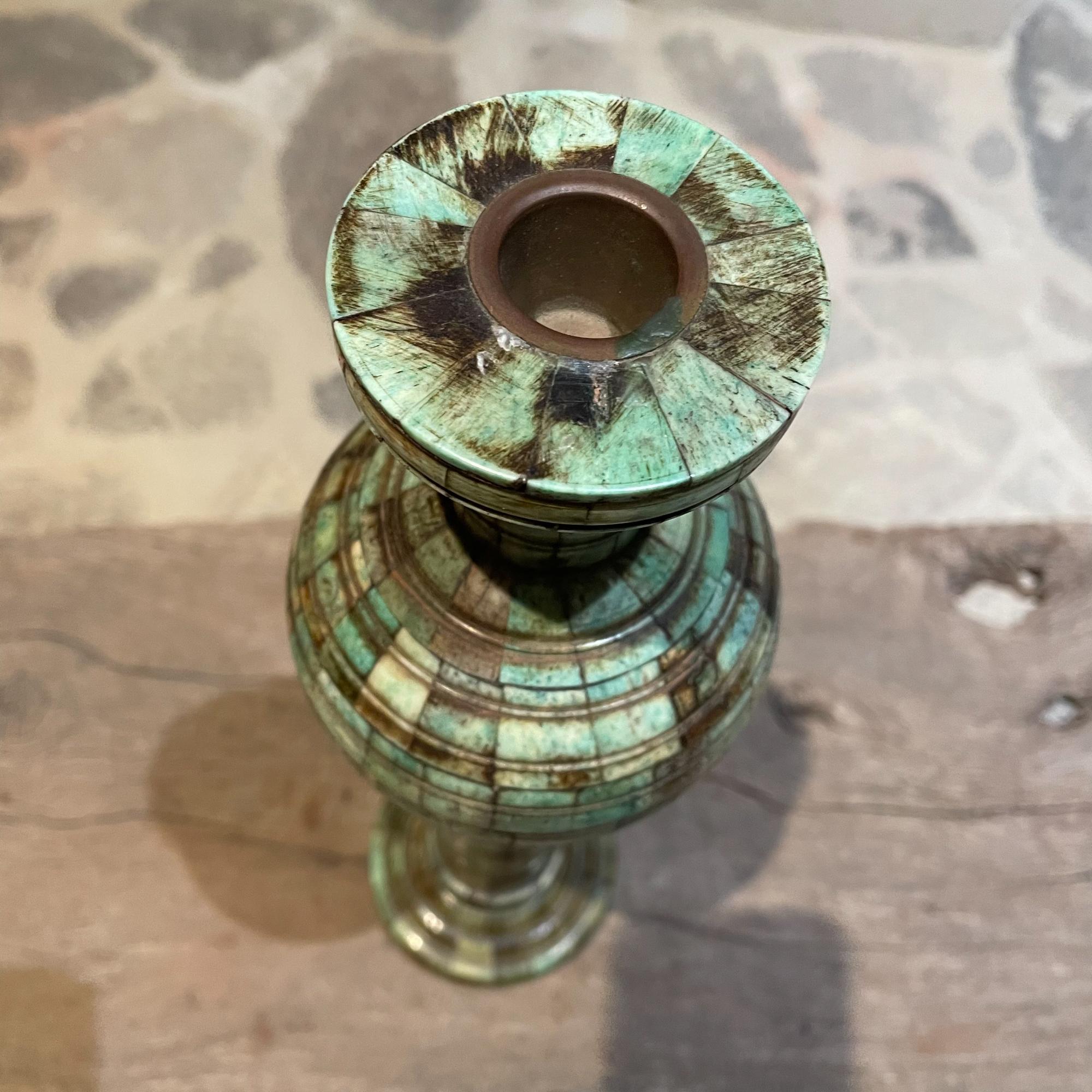 For your consideration: Vintage Modern Tessellated Stone candle holder in Celadon Green with shades of Bronze.
Elegant form in lovely color.
Attributed to tessellated bone design of Maitland Smith. Piece is unmarked. 
Dimensions: 15 height x 4 in