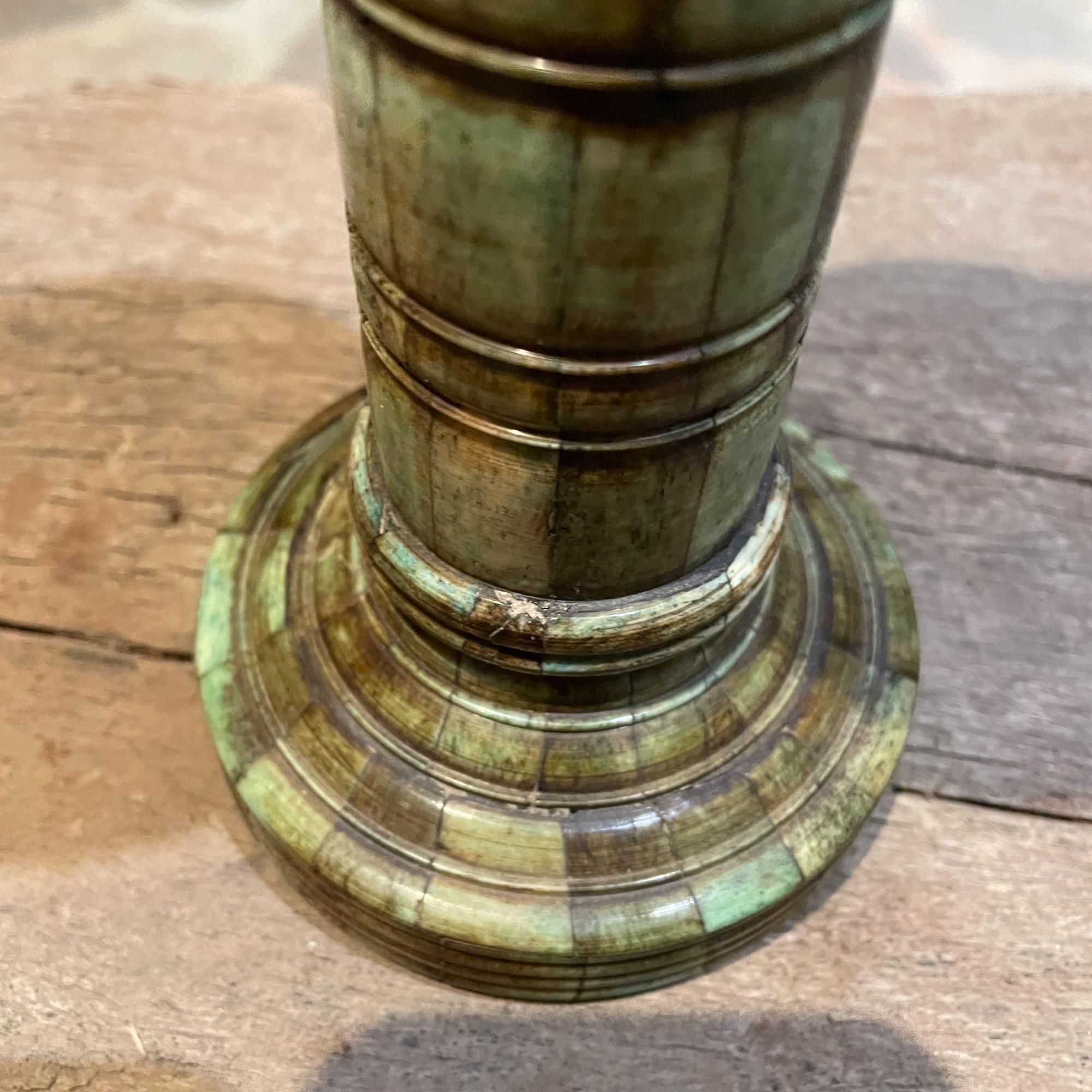 Maitland Smith Tessellated Stone Candle Holder Celadon Green and Bronze 1980s 1