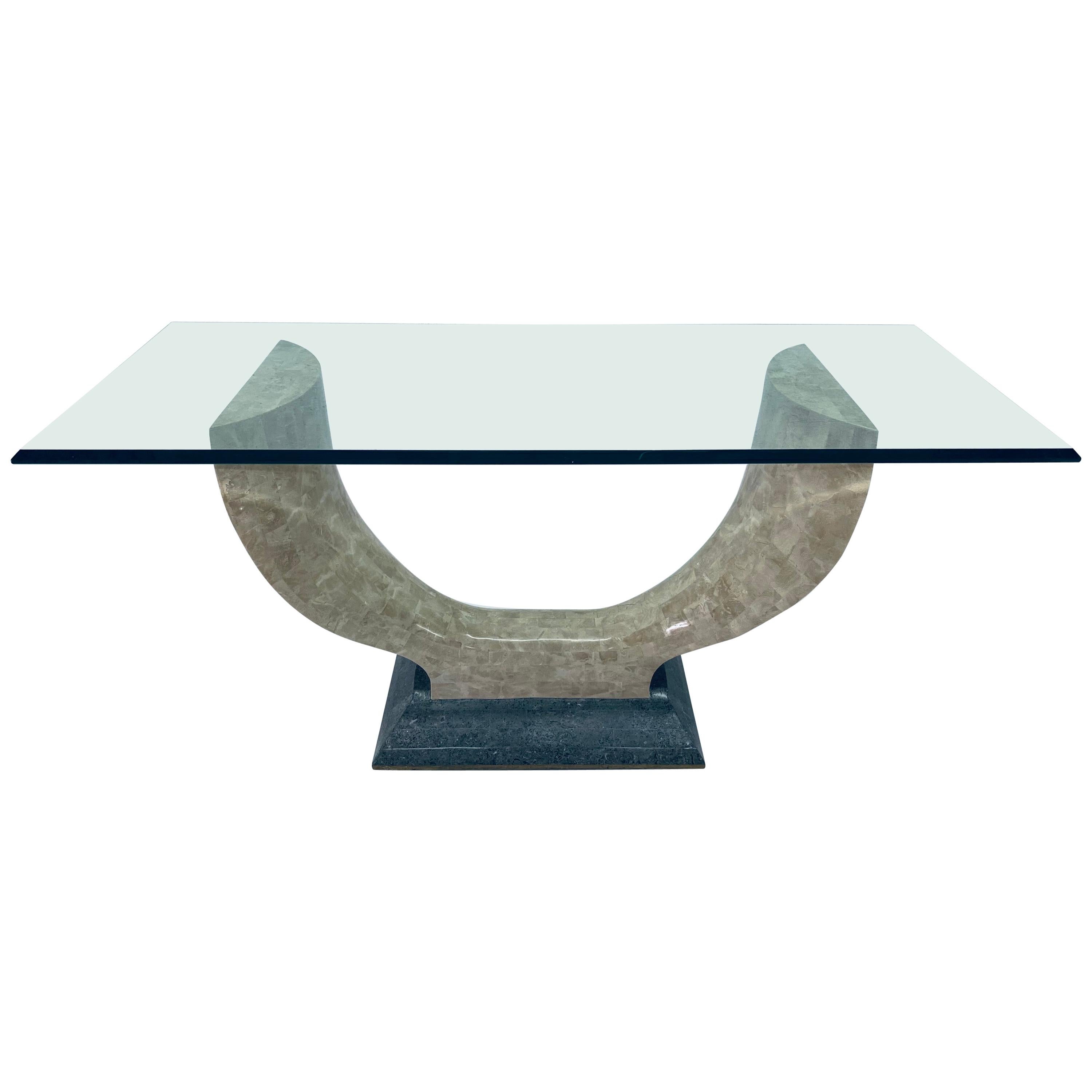 Table console Maitland Smith en pierre tessellée avec plateau en verre biseauté