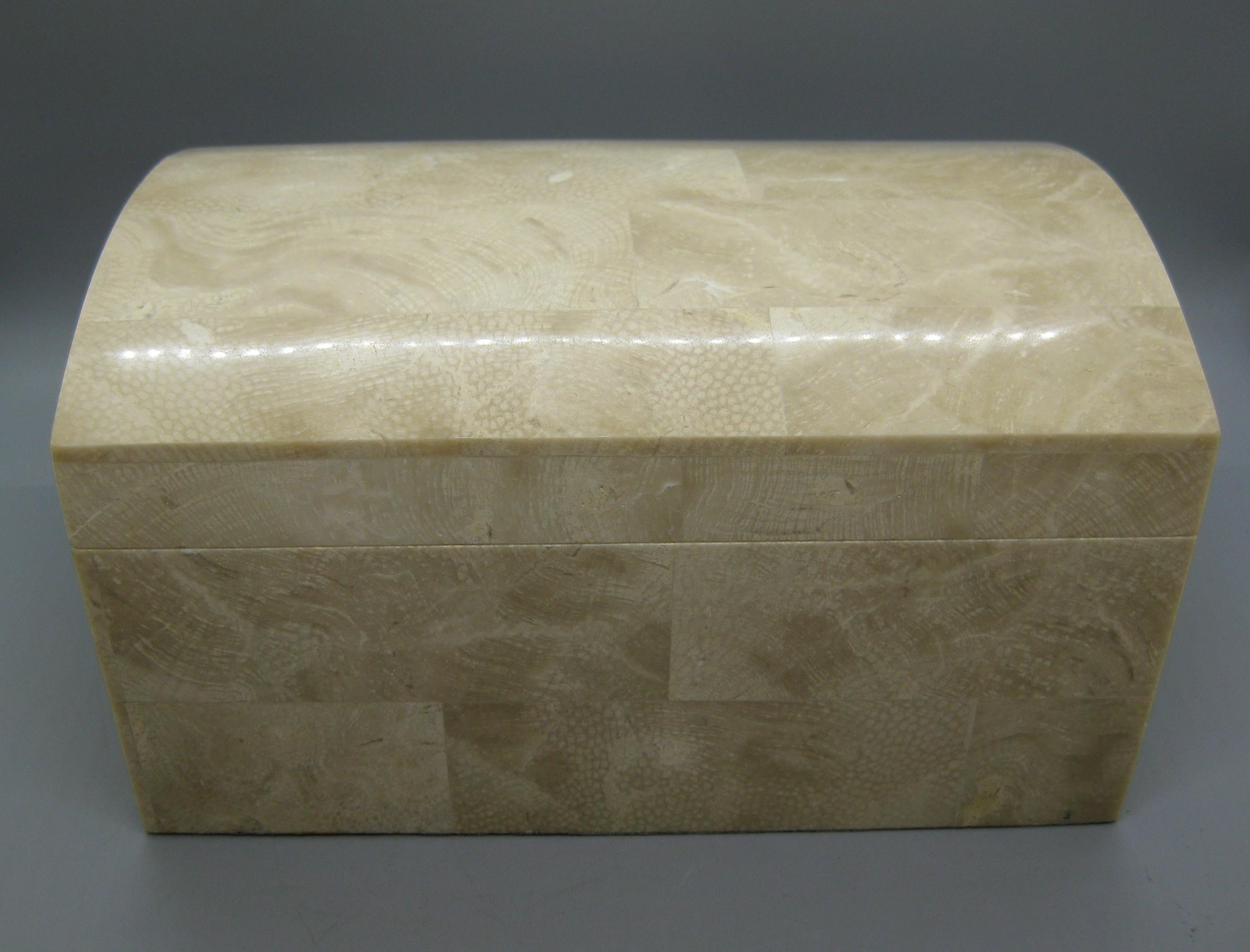 We are offering a beautiful elegant natural tessellated mosaic fossilized coral stone decorative stash box designed by Maitland Smith. This box does not have the original tag on the inside, but guaranteed designed by Maitland Smith. Has a dome top