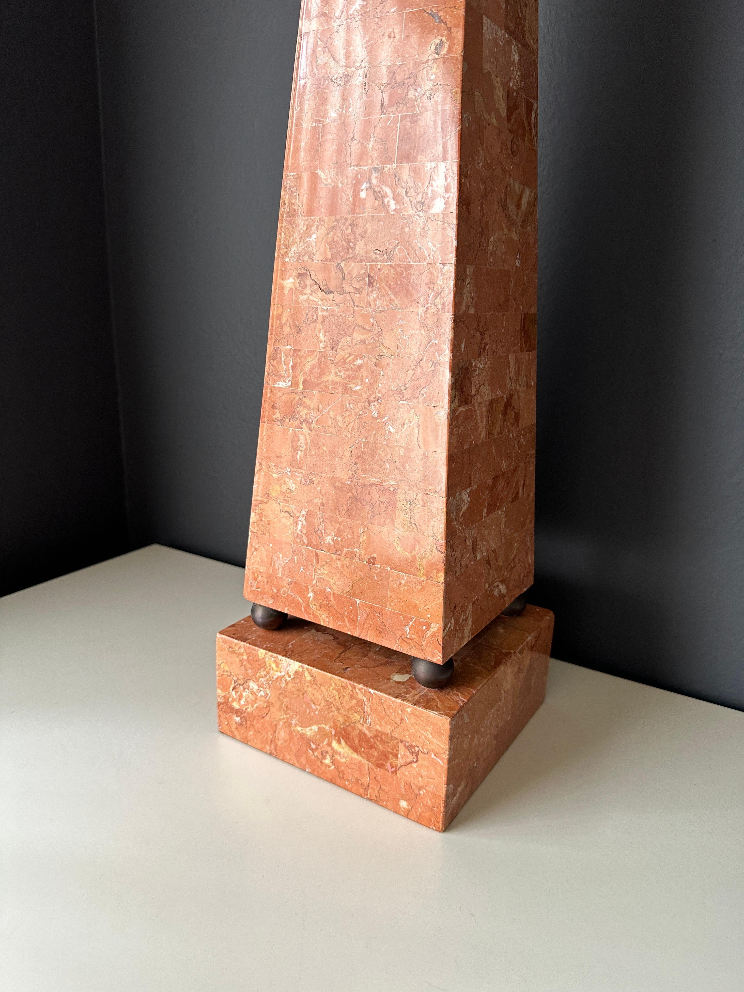 Pink salmon tessellated stone obelisk by Maitland Smith made in Philippines 1980s.