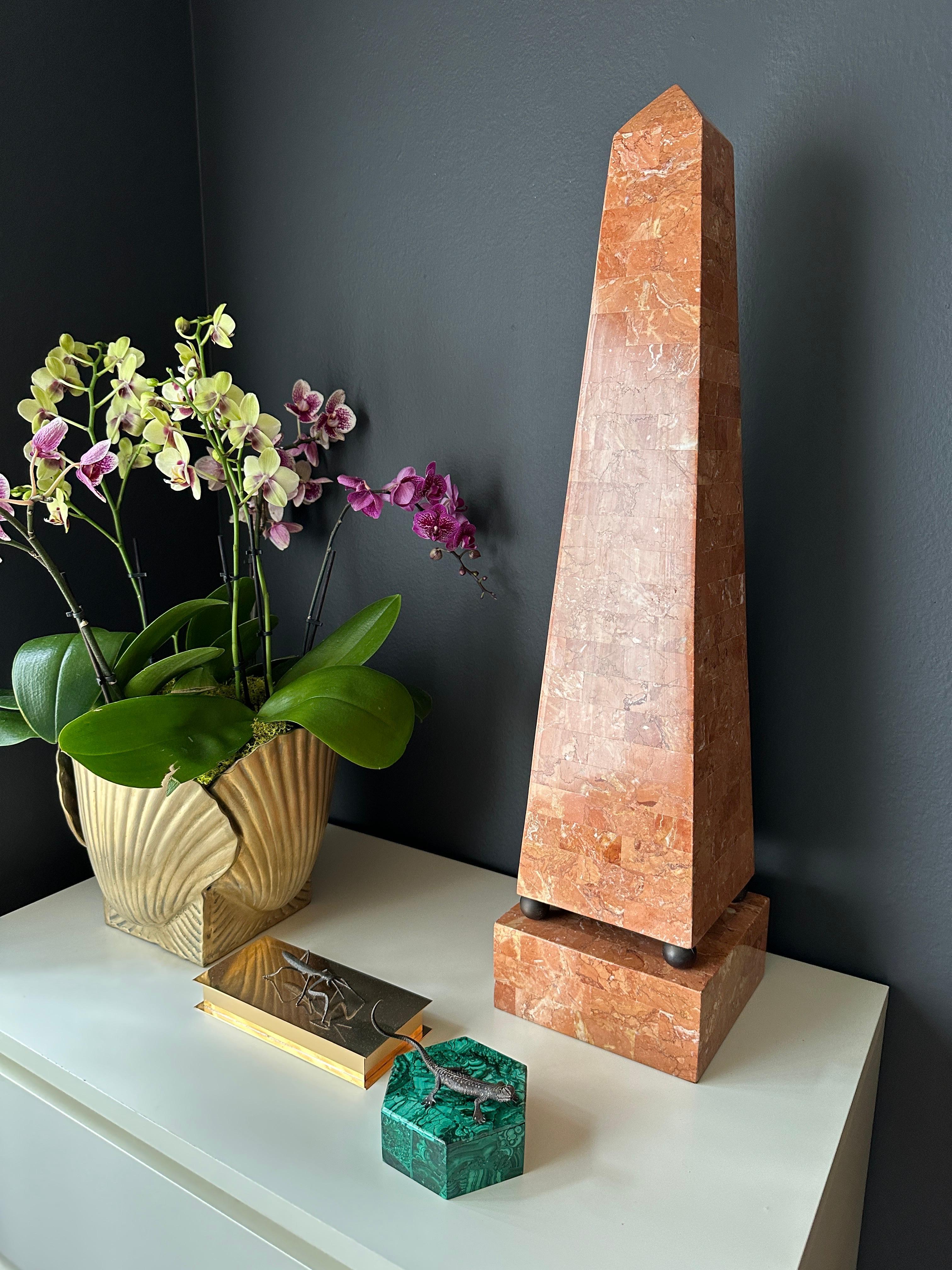 Maitland Smith Tessellated Stone Obelisk in Pink Salmon In Good Condition For Sale In North Hollywood, CA