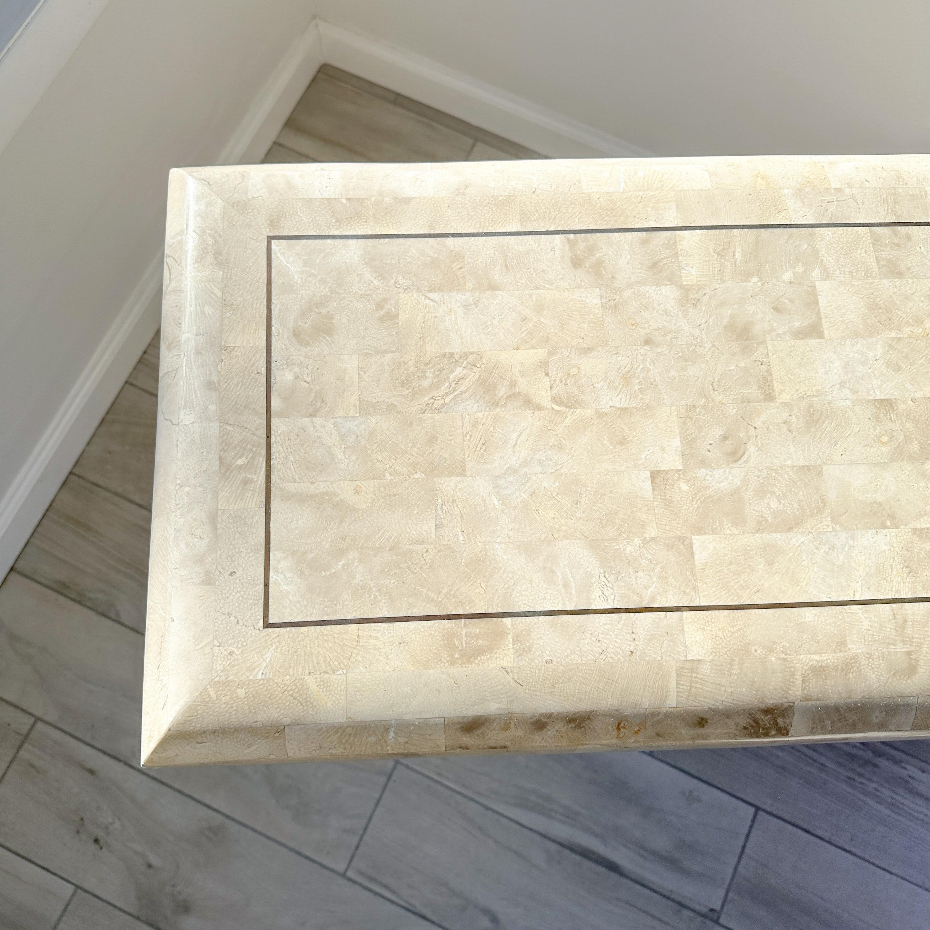 Maitland Smith Tessellated Stone Pedestal Console Table With Brass Inlay For Sale 4