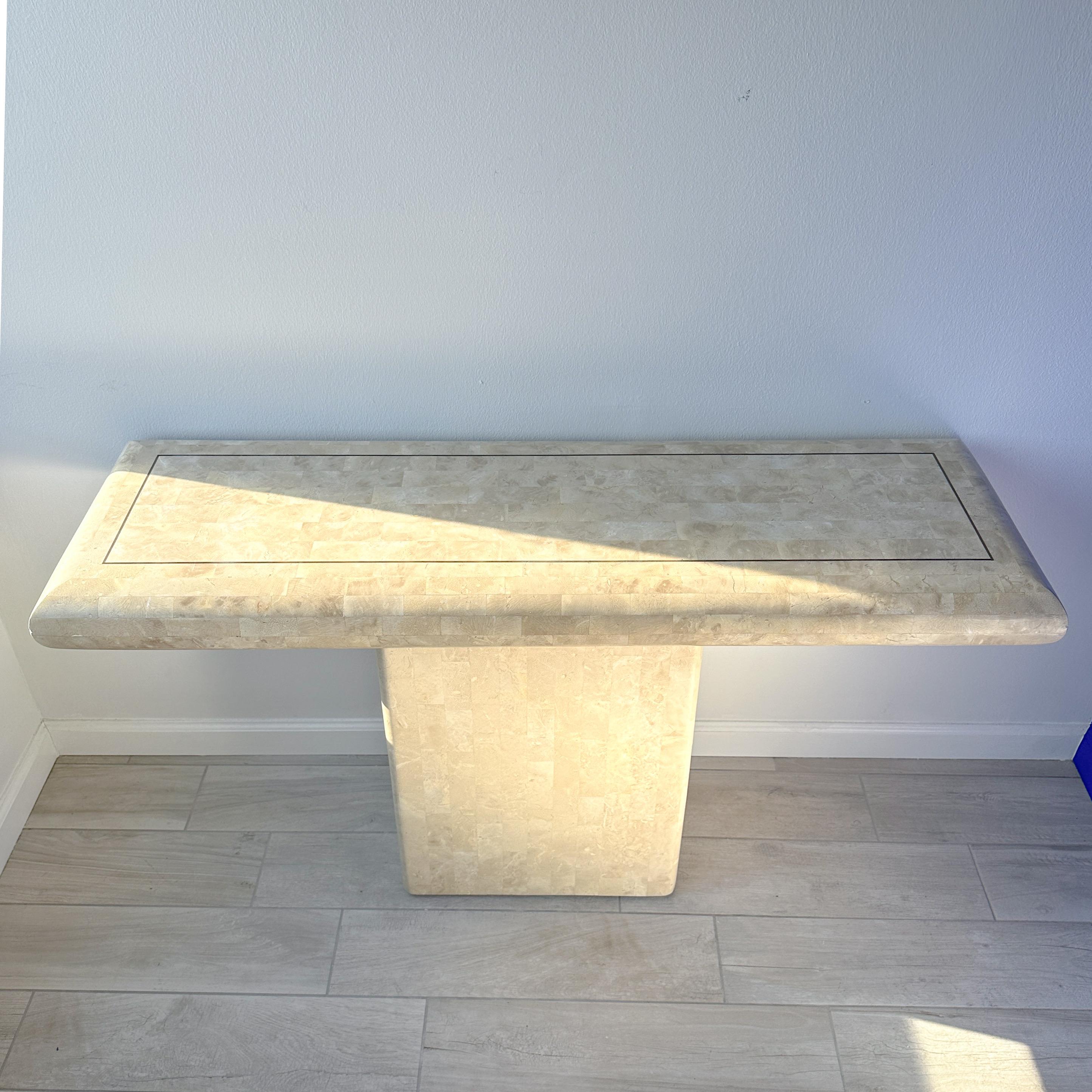 Maitland Smith Tessellated Stone Pedestal Console Table With Brass Inlay For Sale 5