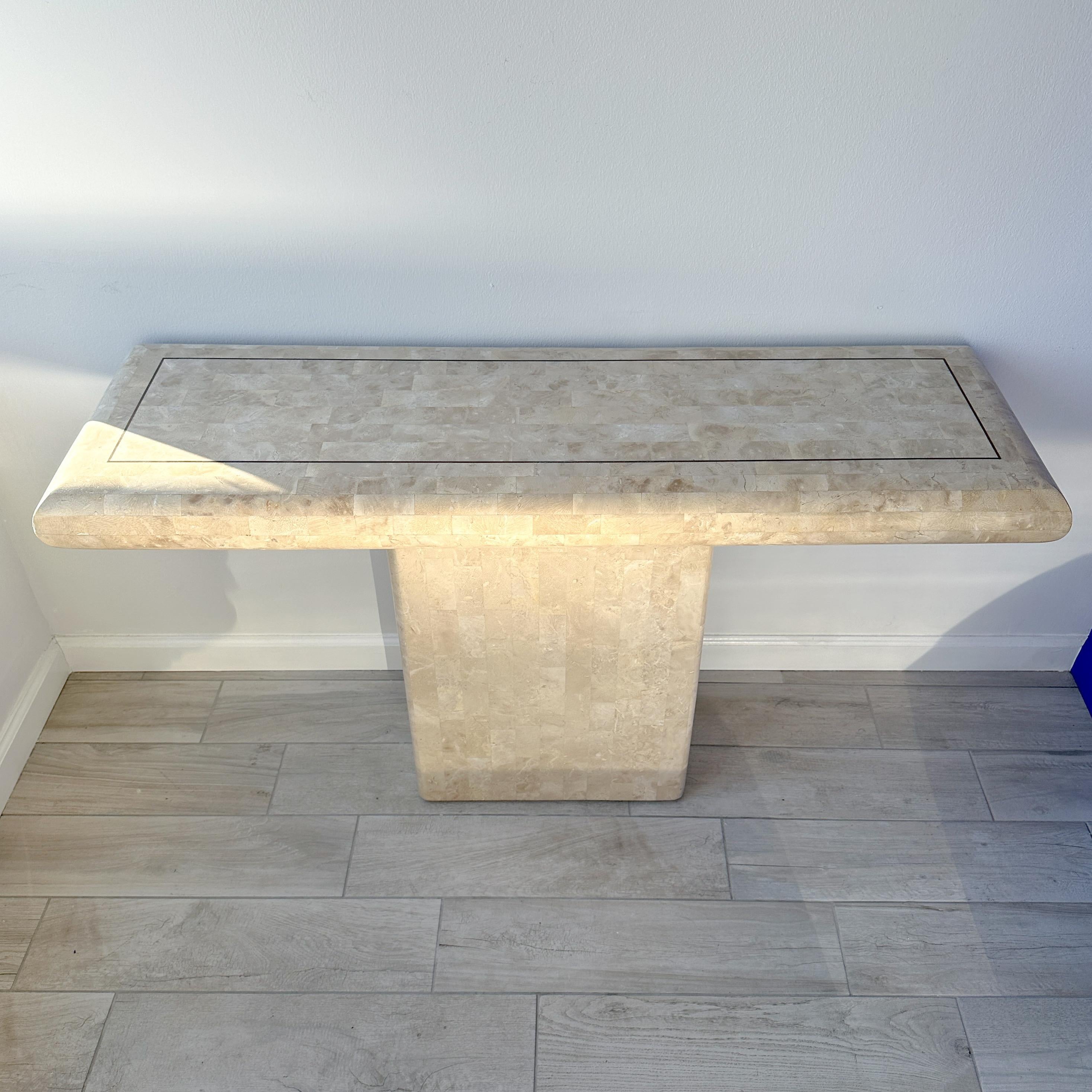 Maitland Smith Tessellated Stone Pedestal Console Table With Brass Inlay For Sale 6