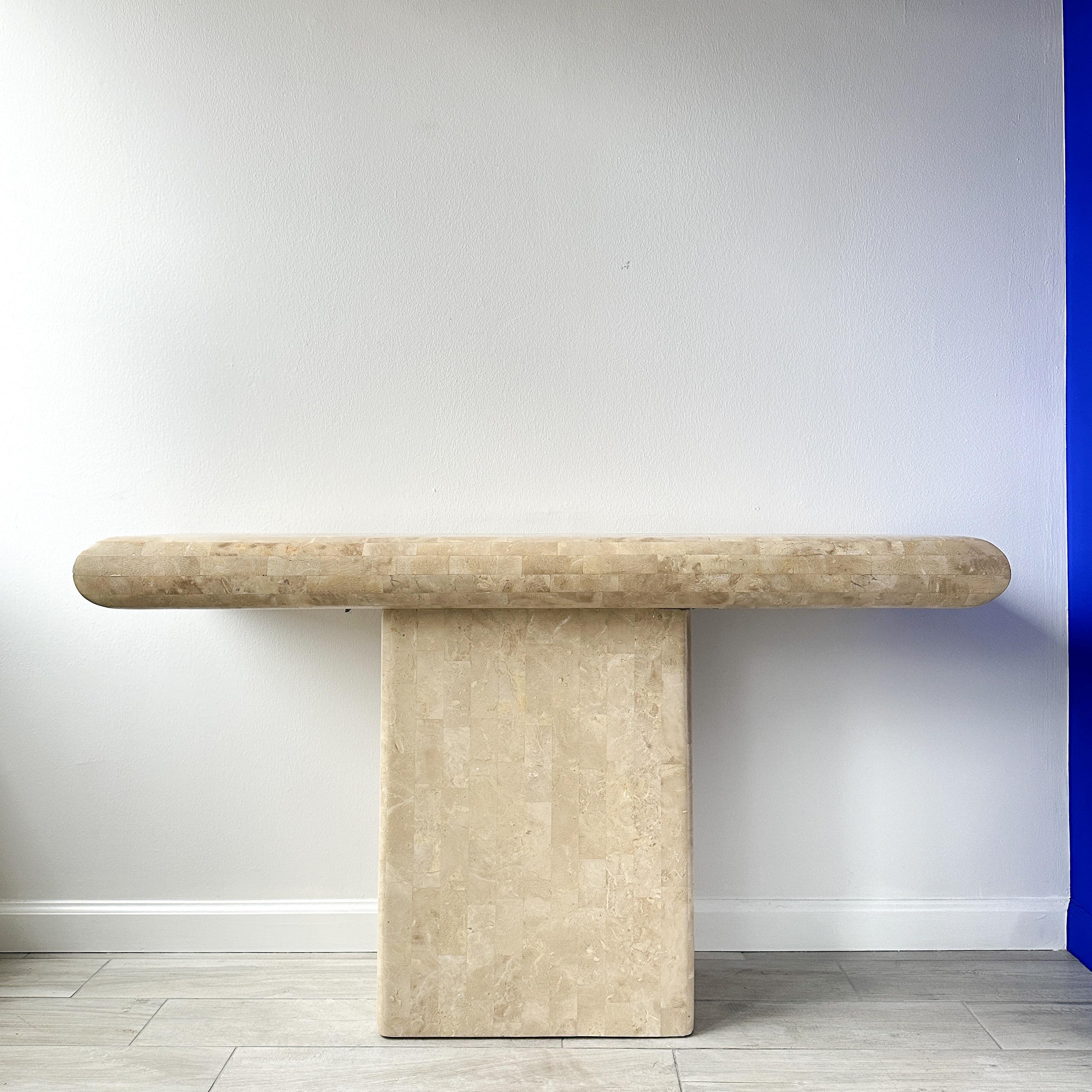 Hollywood Regency Maitland Smith Tessellated Stone Pedestal Console Table With Brass Inlay For Sale
