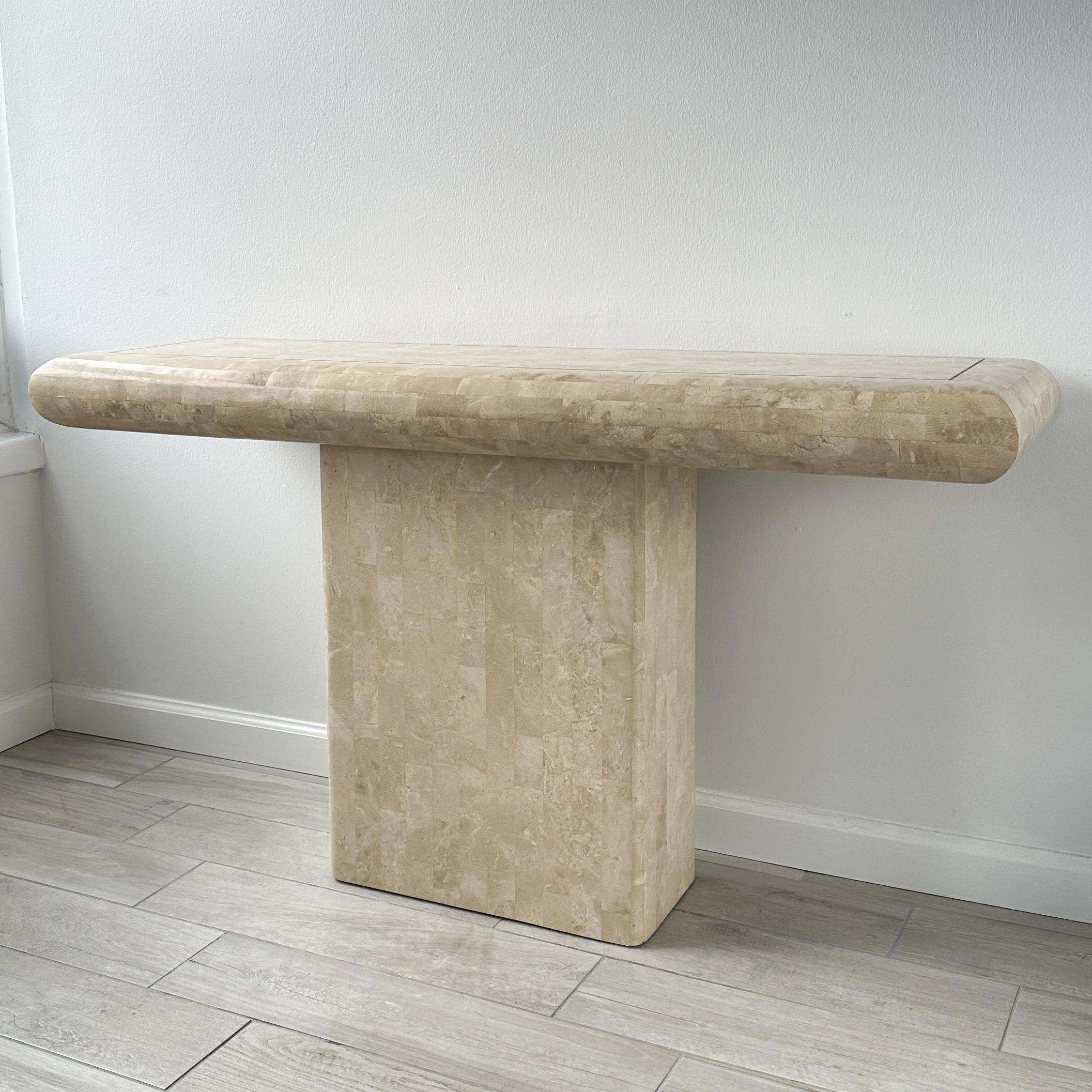 Philippine Maitland Smith Tessellated Stone Pedestal Console Table With Brass Inlay For Sale
