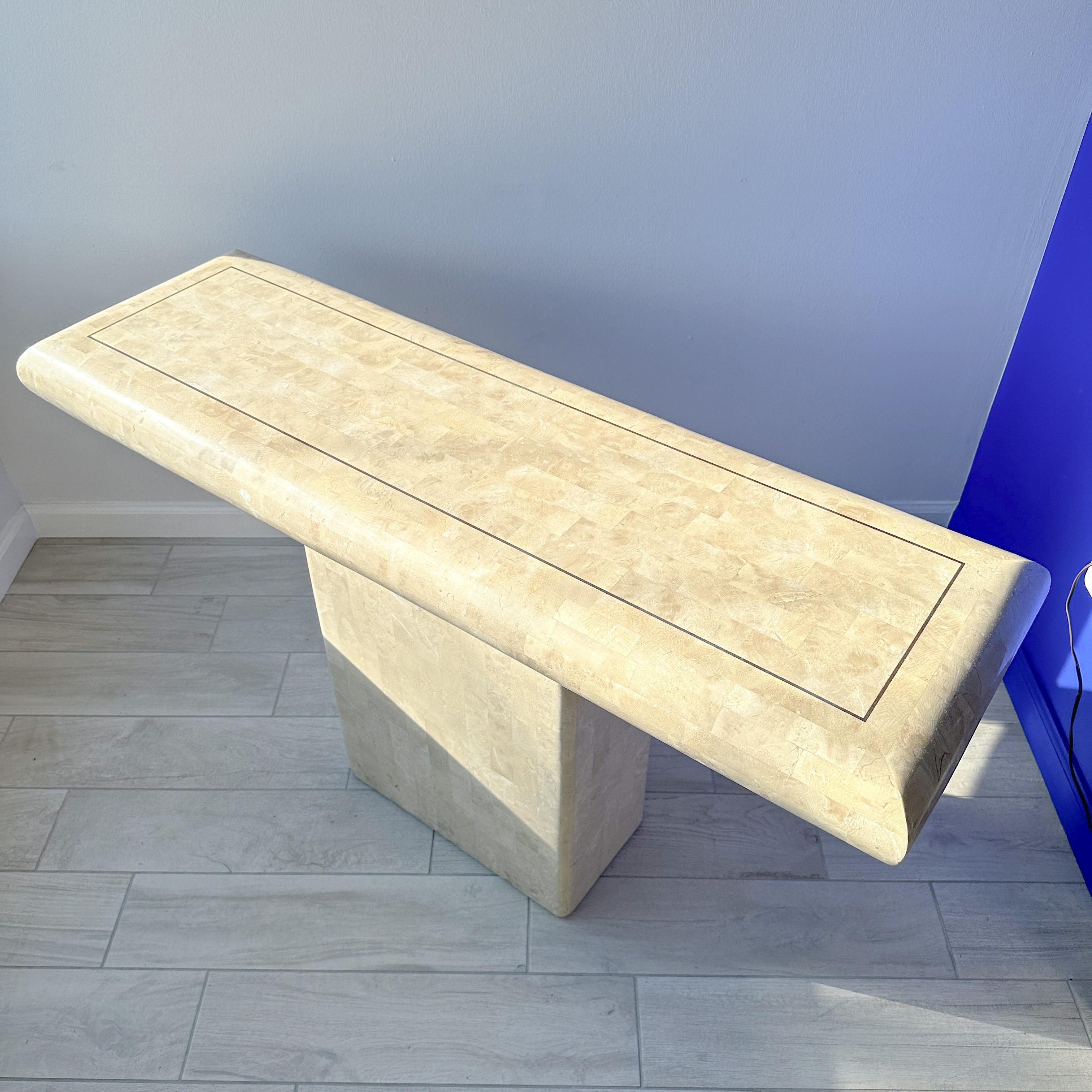 20th Century Maitland Smith Tessellated Stone Pedestal Console Table With Brass Inlay For Sale