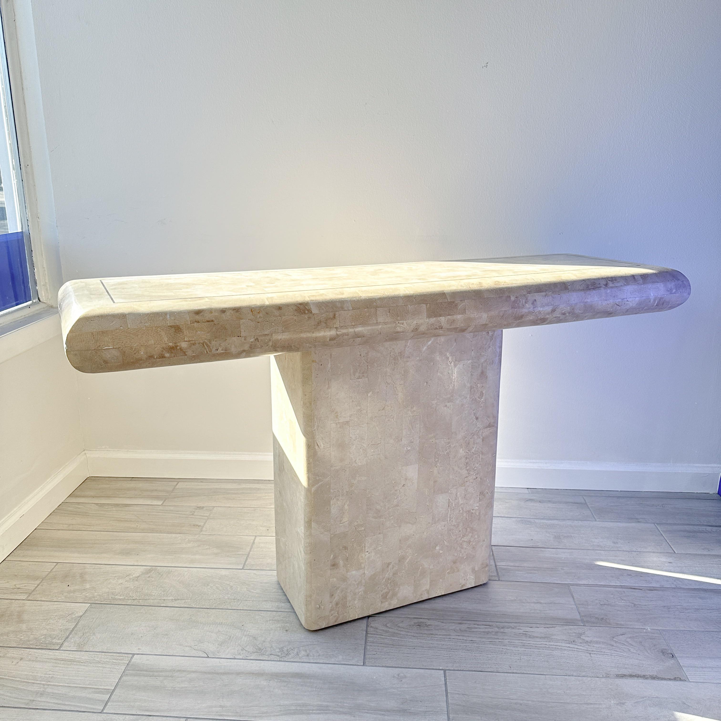 Maitland Smith Tessellated Stone Pedestal Console Table With Brass Inlay For Sale 2