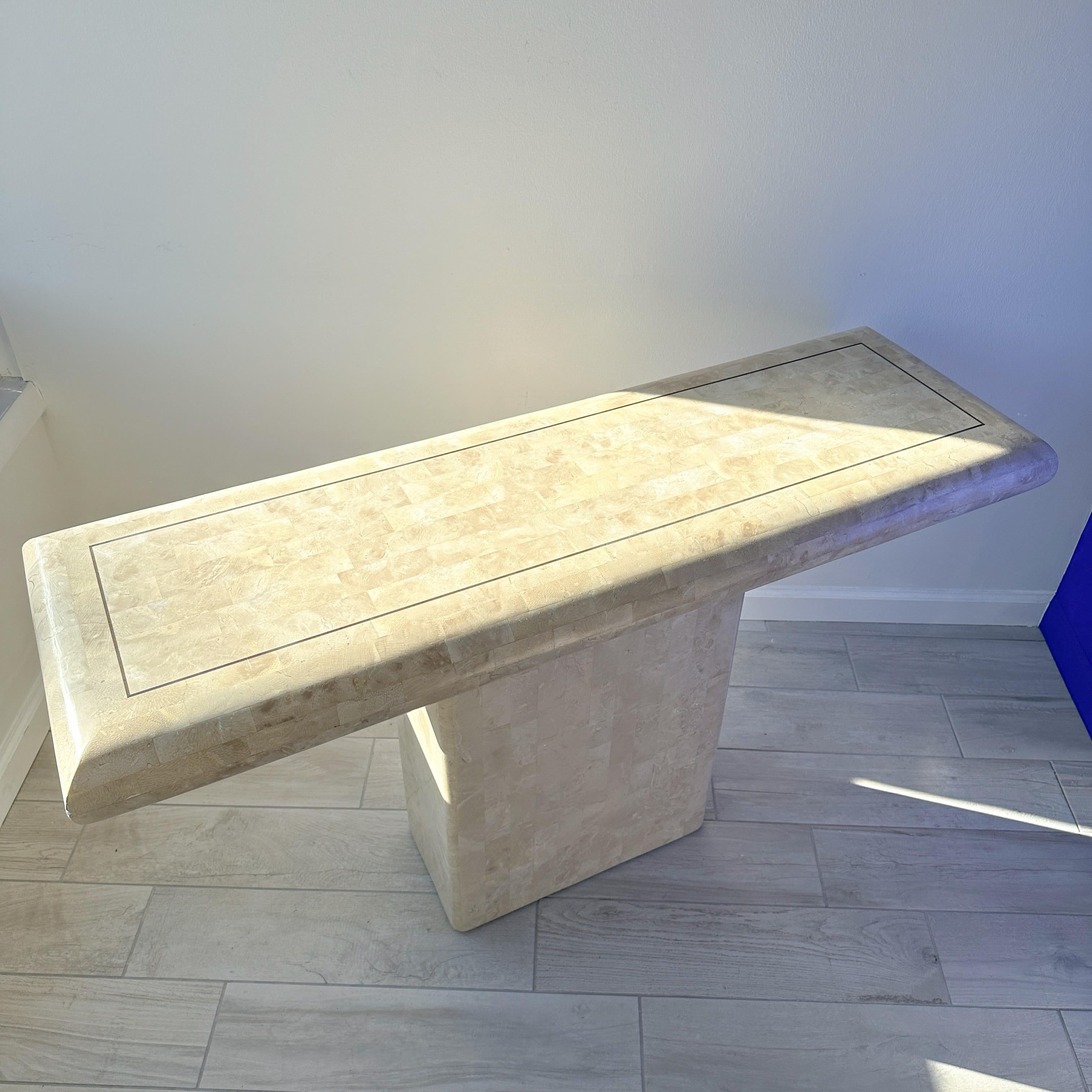 Maitland Smith Tessellated Stone Pedestal Console Table With Brass Inlay For Sale 3