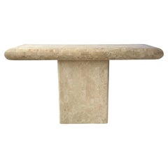 Maitland Smith Tessellated Stone Pedestal Console Table With Brass Inlay