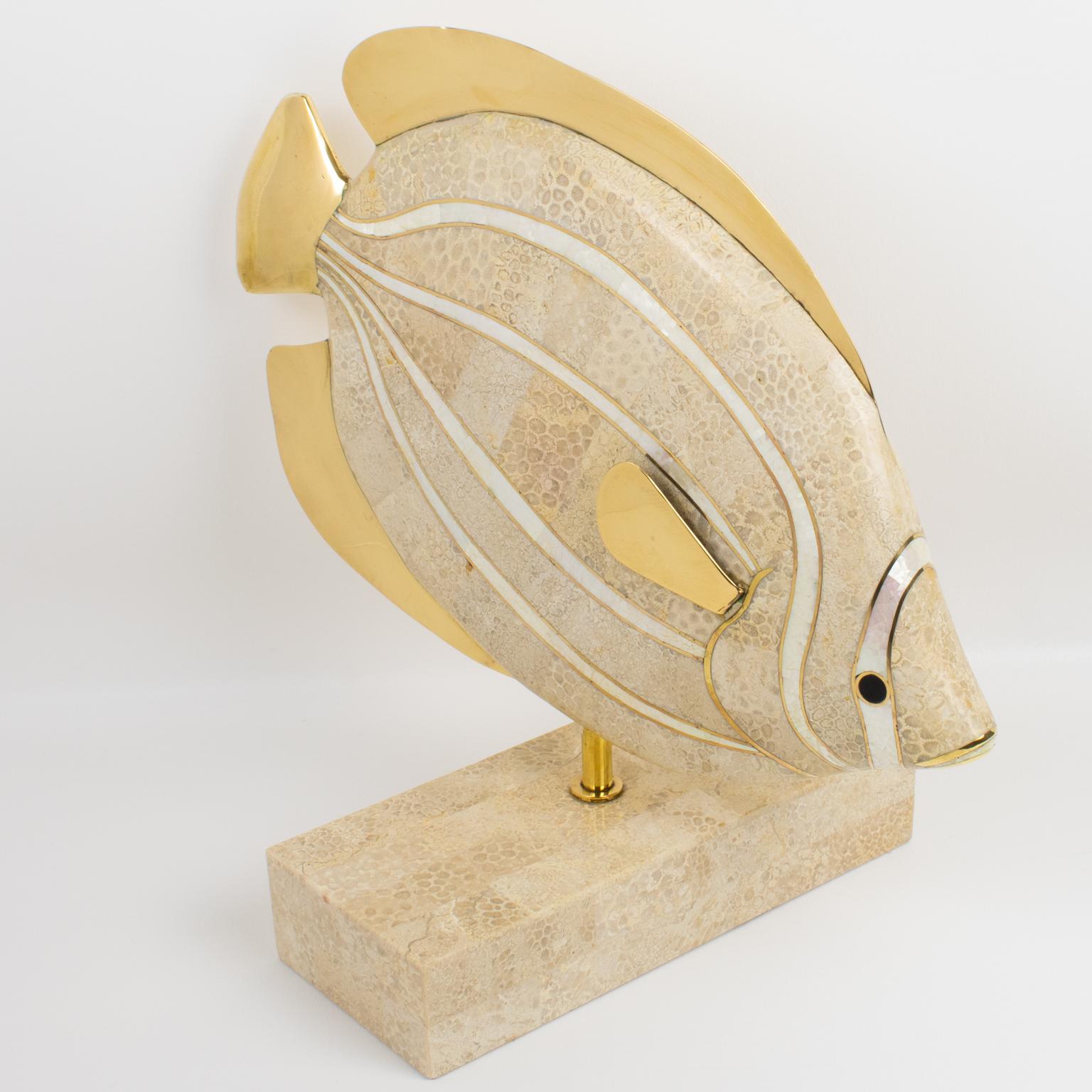 Maitland-Smith Tessellated Travertine, Marble and Brass Fish Sculpture 8