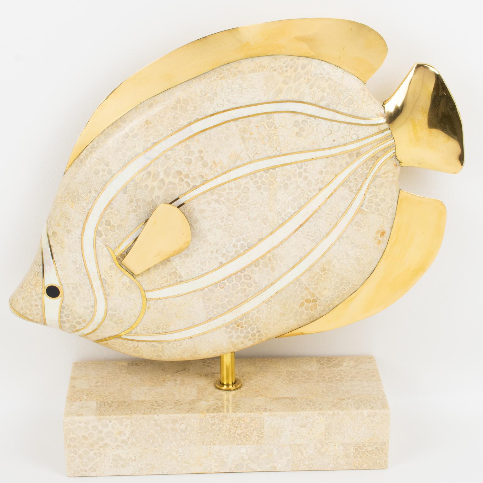 Maitland-Smith Tessellated Travertine, Marble and Brass Fish Sculpture 11