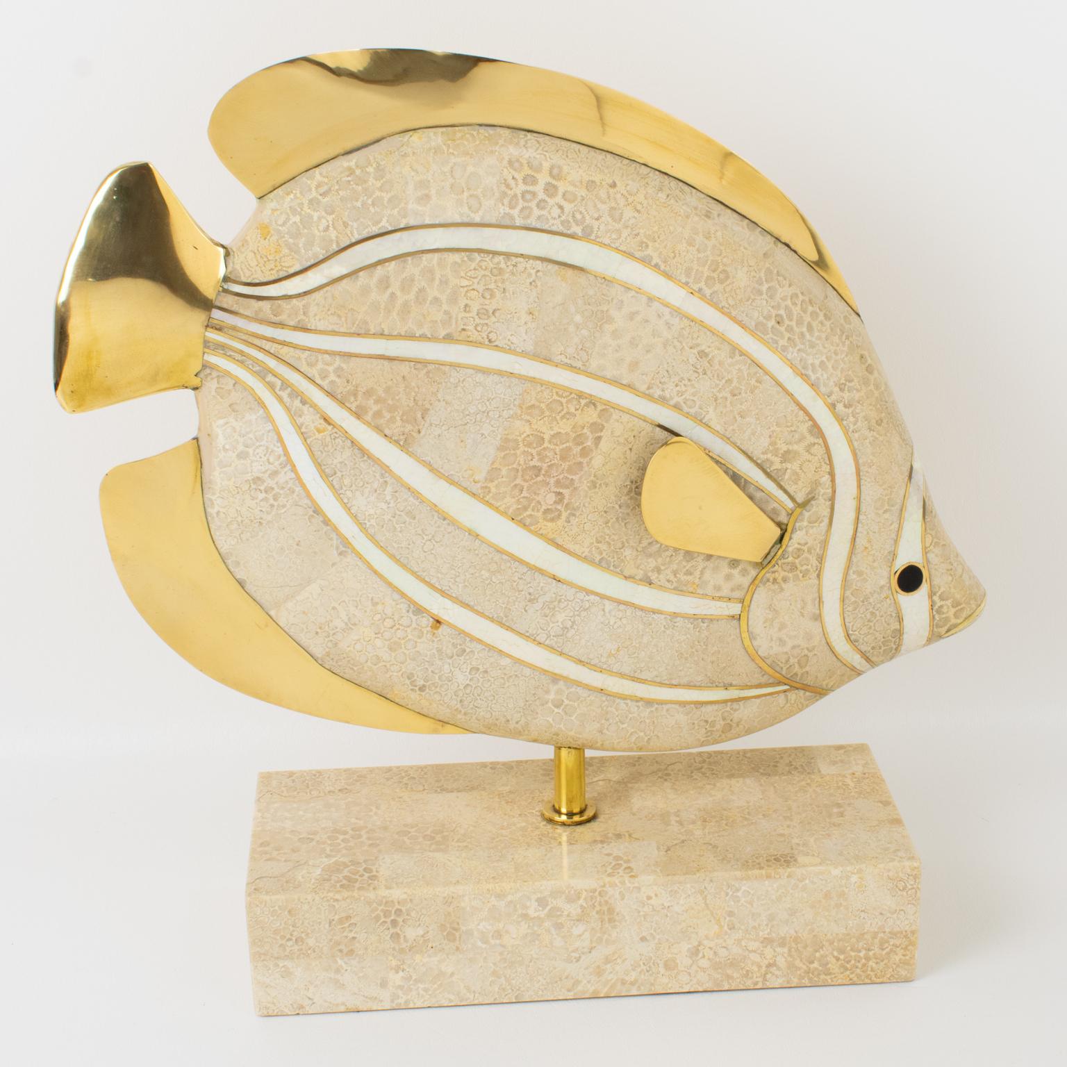 Modern Maitland-Smith Tessellated Travertine, Marble and Brass Fish Sculpture